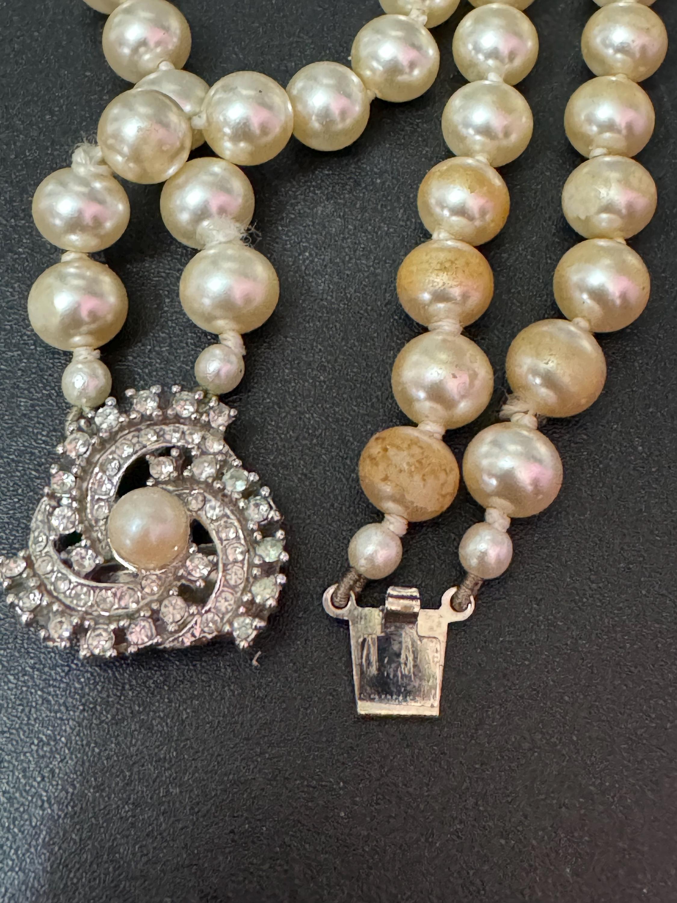 AF vintage 2 row double strand knotted glass Pearl necklace cream 46cm silver tone ornate diamanté clasp