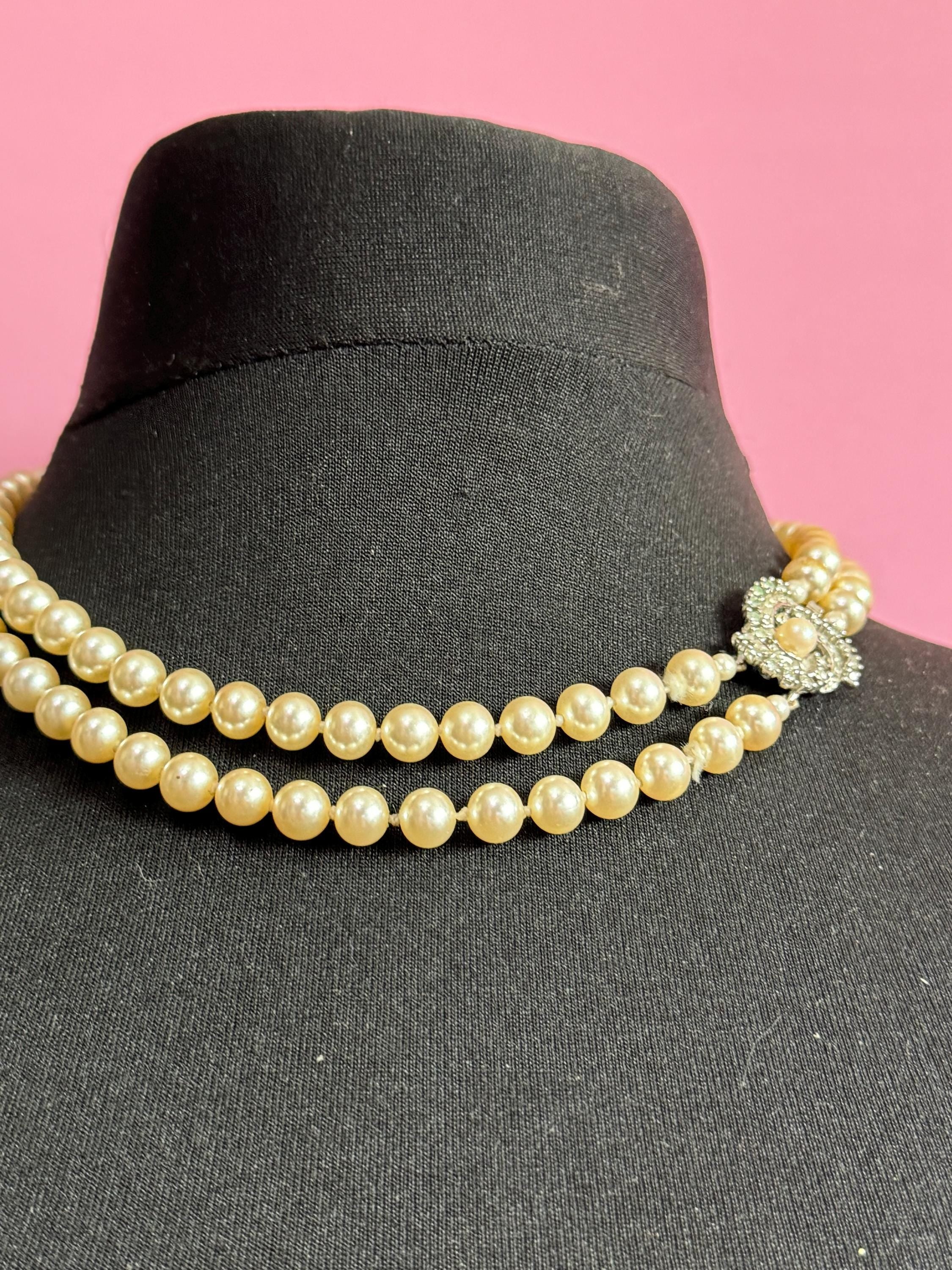 AF vintage 2 row double strand knotted glass Pearl necklace cream 46cm silver tone ornate diamanté clasp