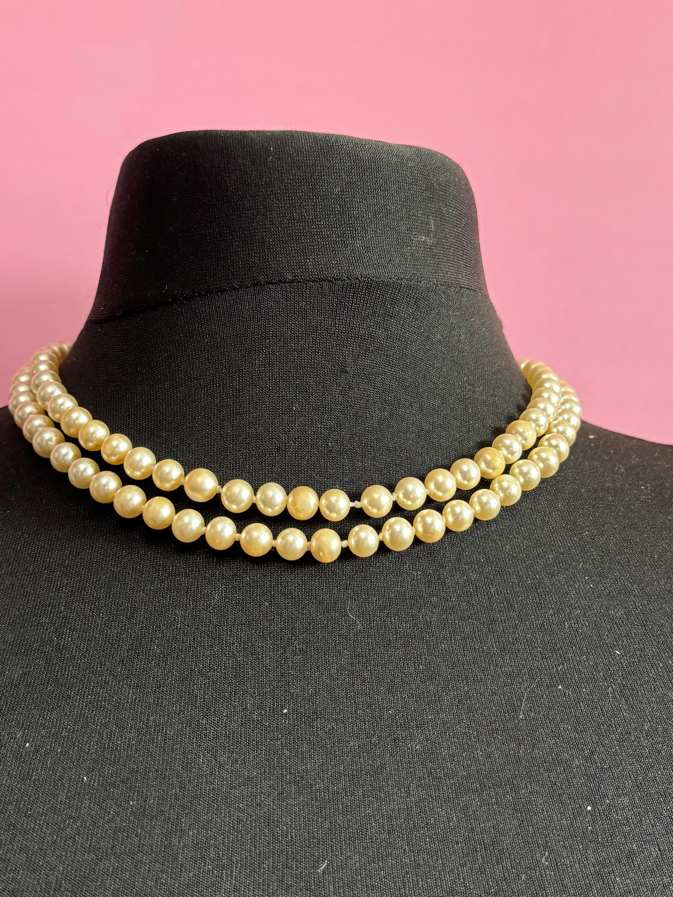 AF vintage 2 row double strand knotted glass Pearl necklace cream 46cm silver tone ornate diamanté clasp