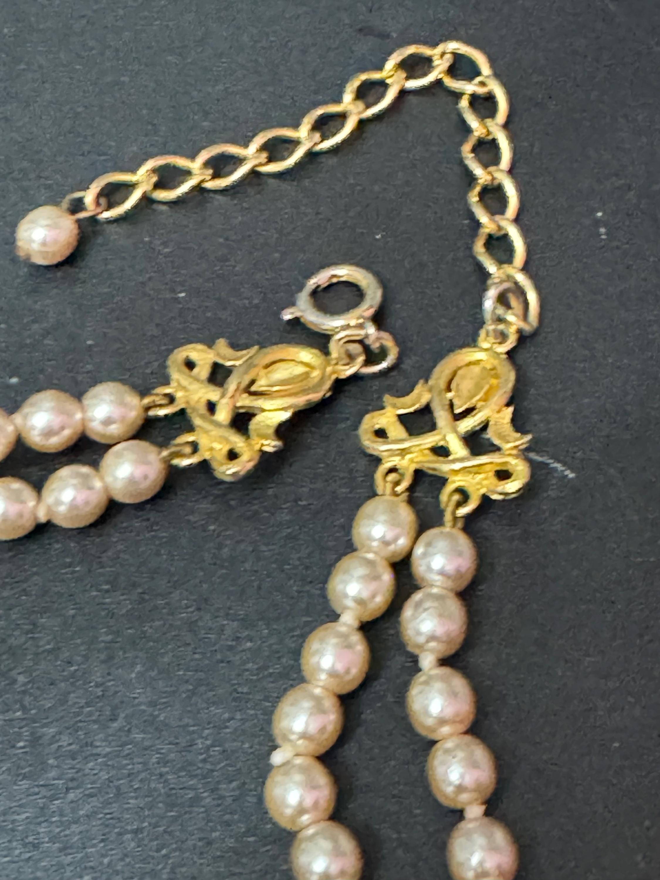 vintage 2 row double strand glass Pearl choker necklace cream 33-41cm gold tone spring ring clasp