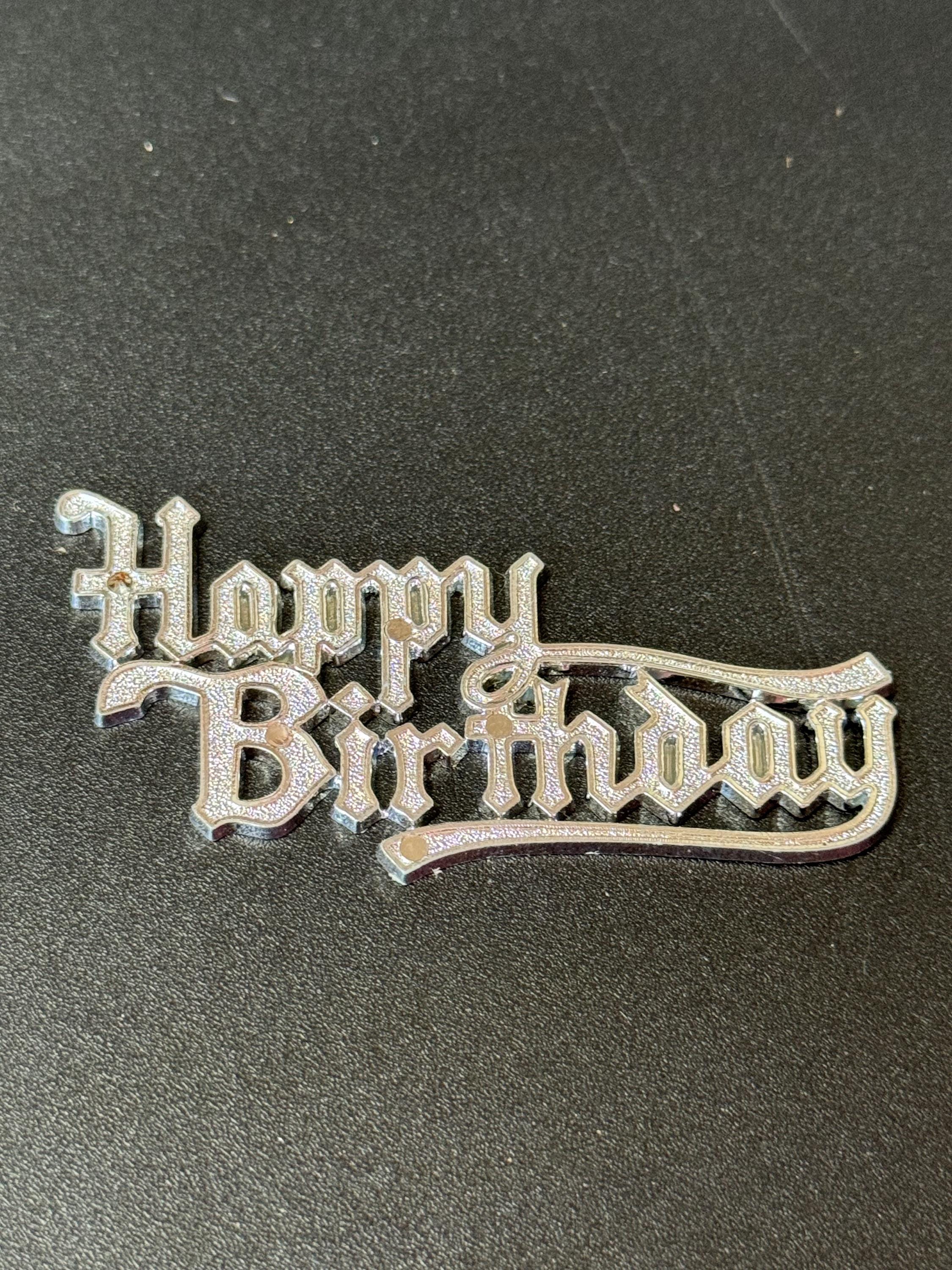 Vintage Happy Birthday Cake Decoration Silver Topper flat back