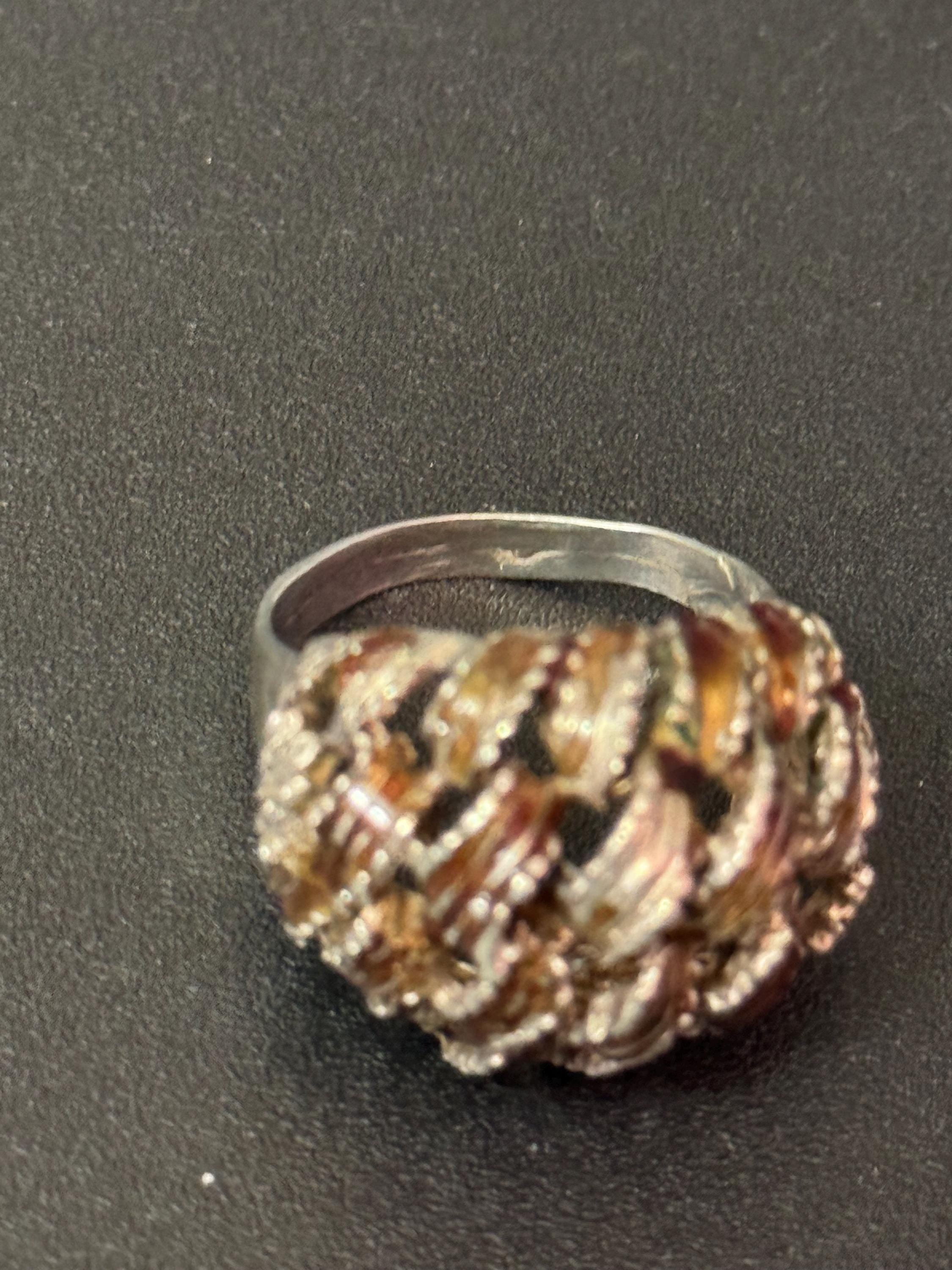 SIZE N sterling silver 925 brown enamel modernist brutalist bark ring 6.5 grams