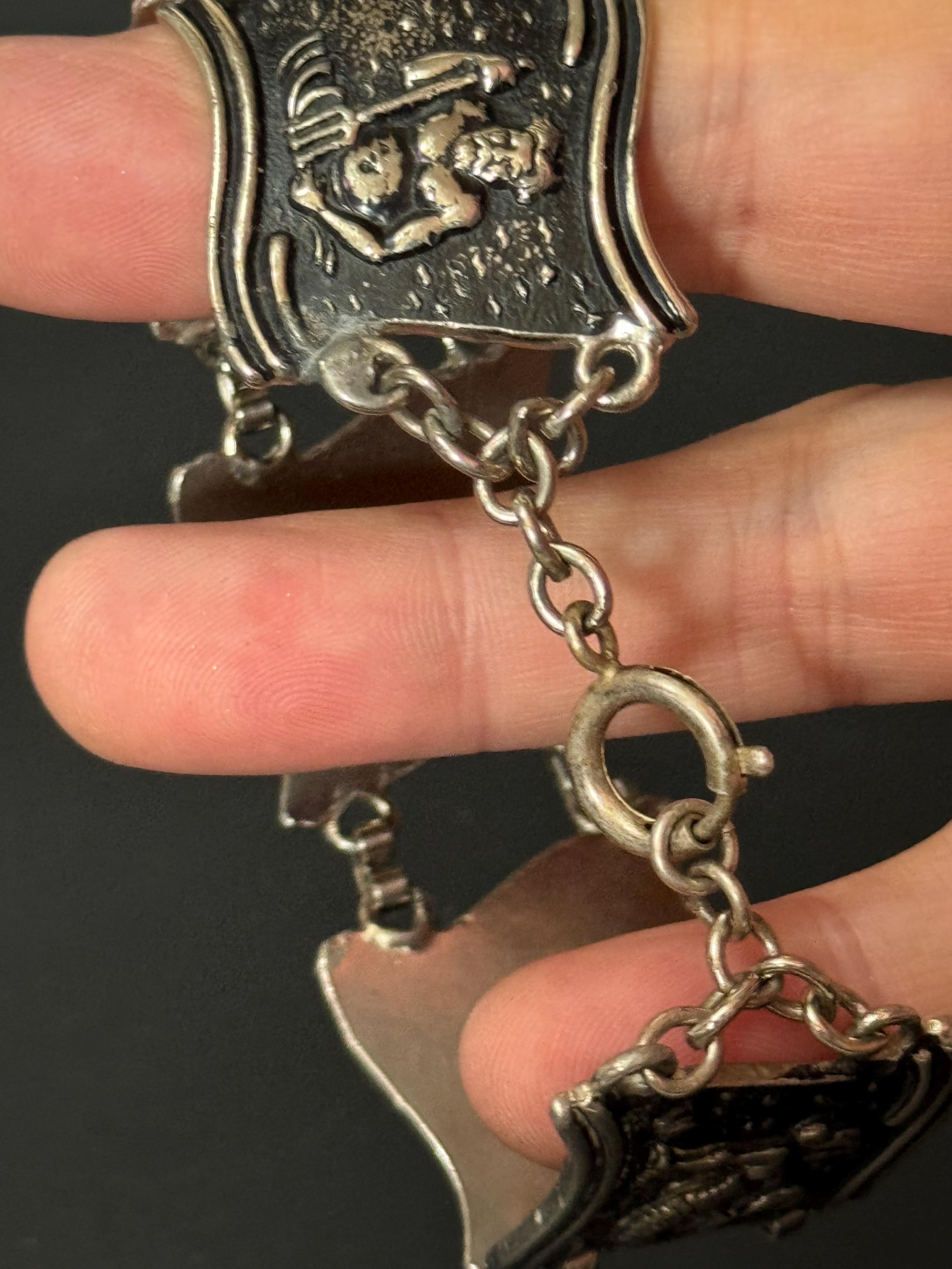 vintage 1970s Silver tone chunky panel link wide bracelet fish seahorse starfish designs