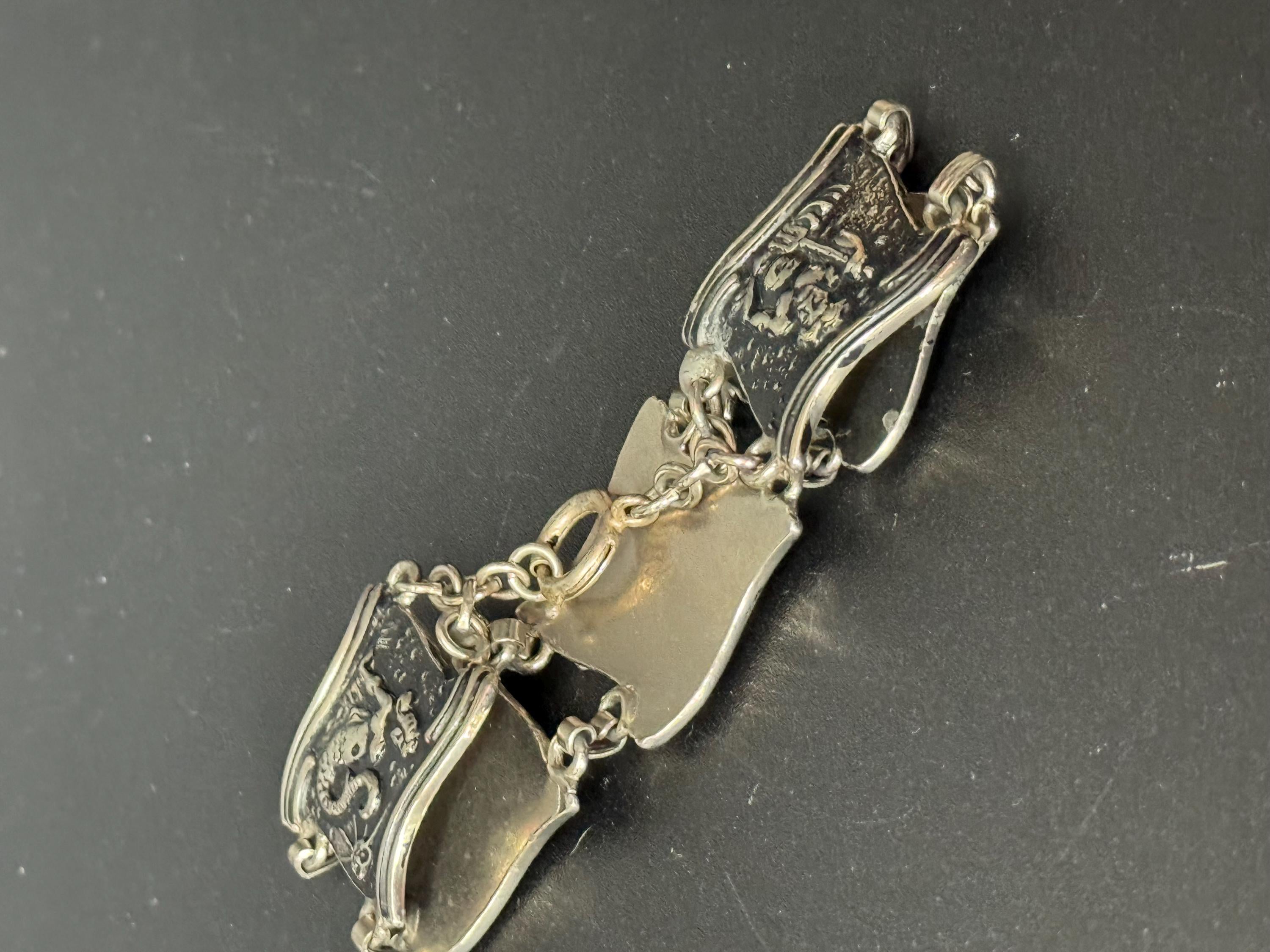 vintage 1970s Silver tone chunky panel link wide bracelet fish seahorse starfish designs