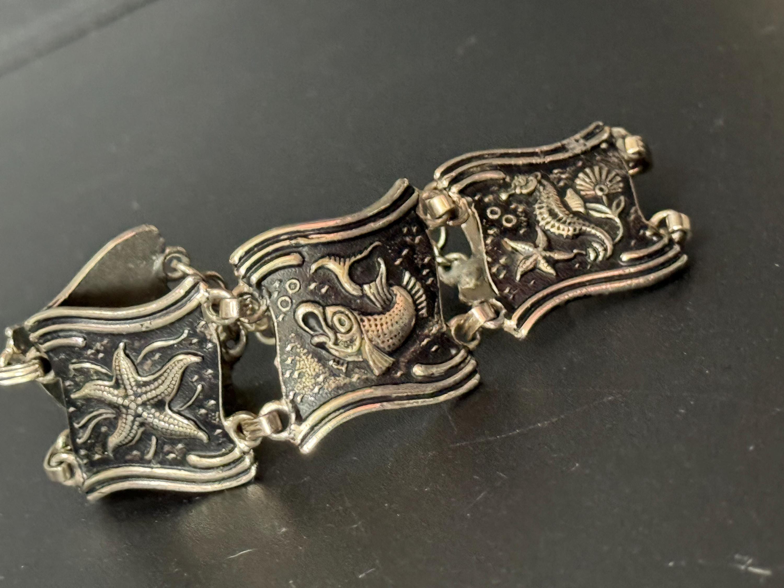 vintage 1970s Silver tone chunky panel link wide bracelet fish seahorse starfish designs