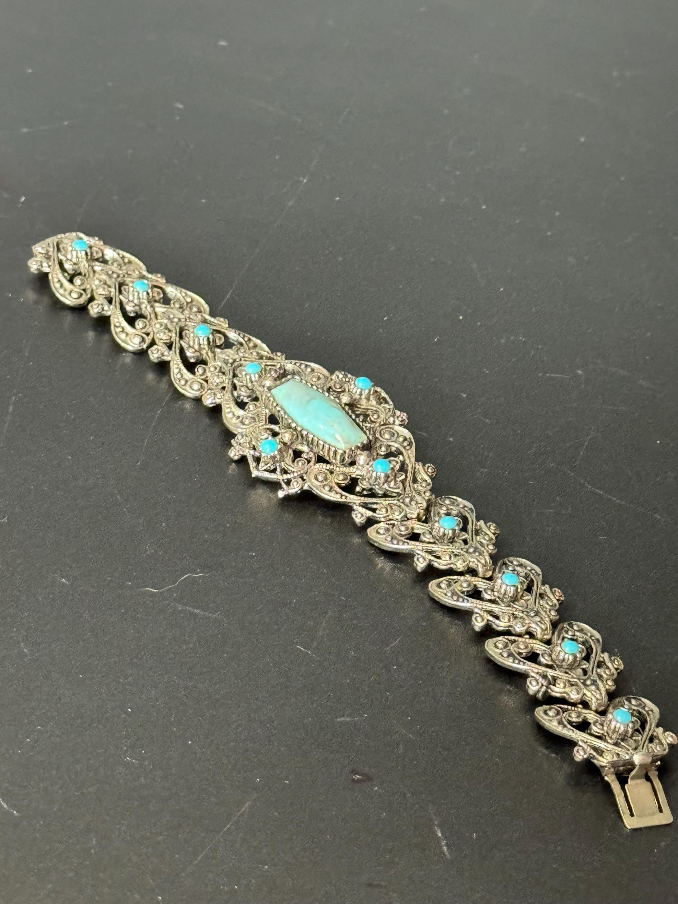 Brutalist silver tone blue faux turquoise gemstone cabochon steel textured bracelet 1970s modernist