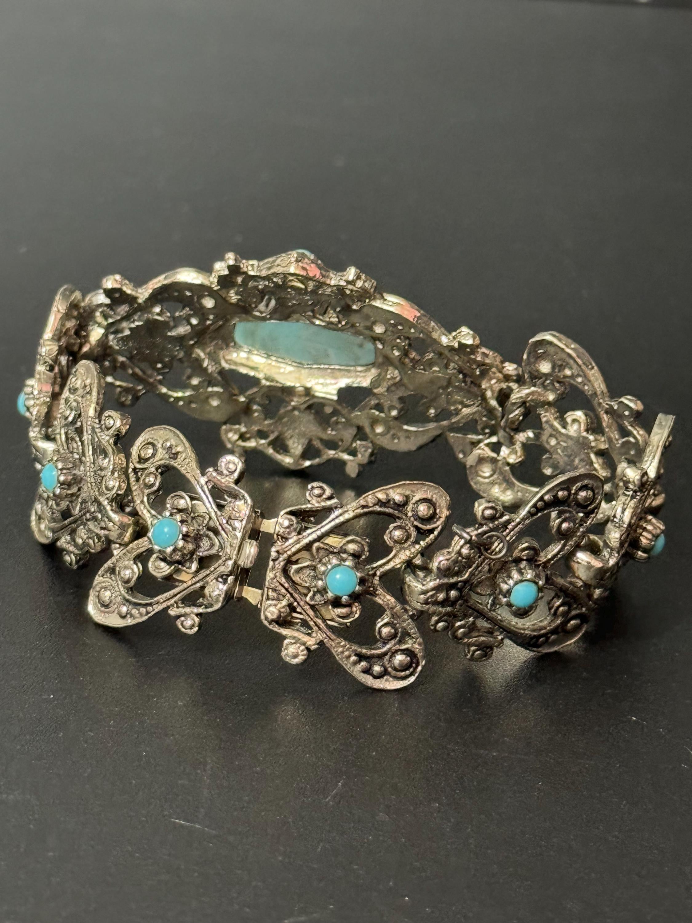 Brutalist silver tone blue faux turquoise gemstone cabochon steel textured bracelet 1970s modernist