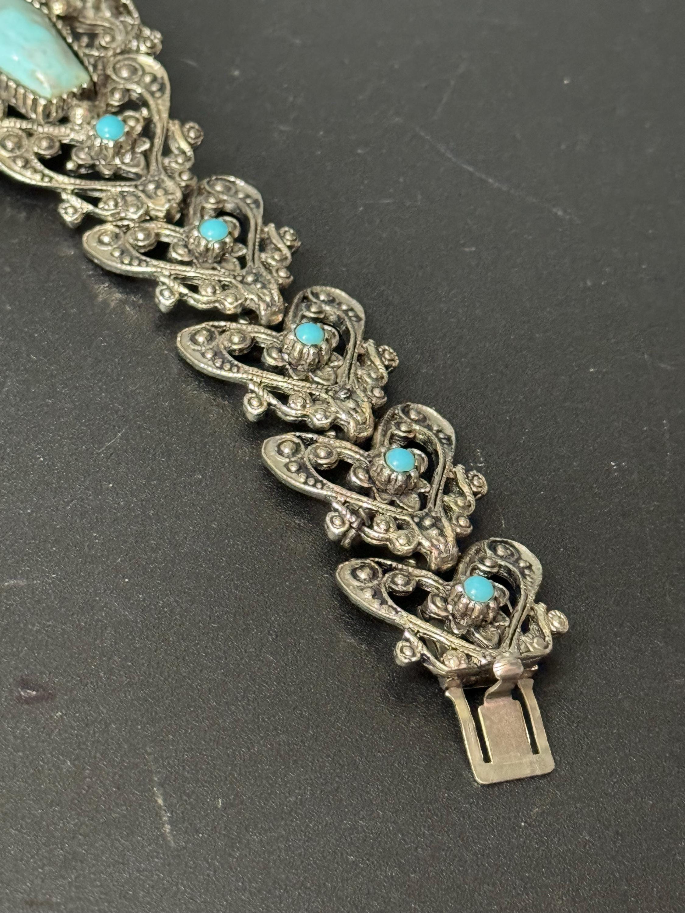 Brutalist silver tone blue faux turquoise gemstone cabochon steel textured bracelet 1970s modernist
