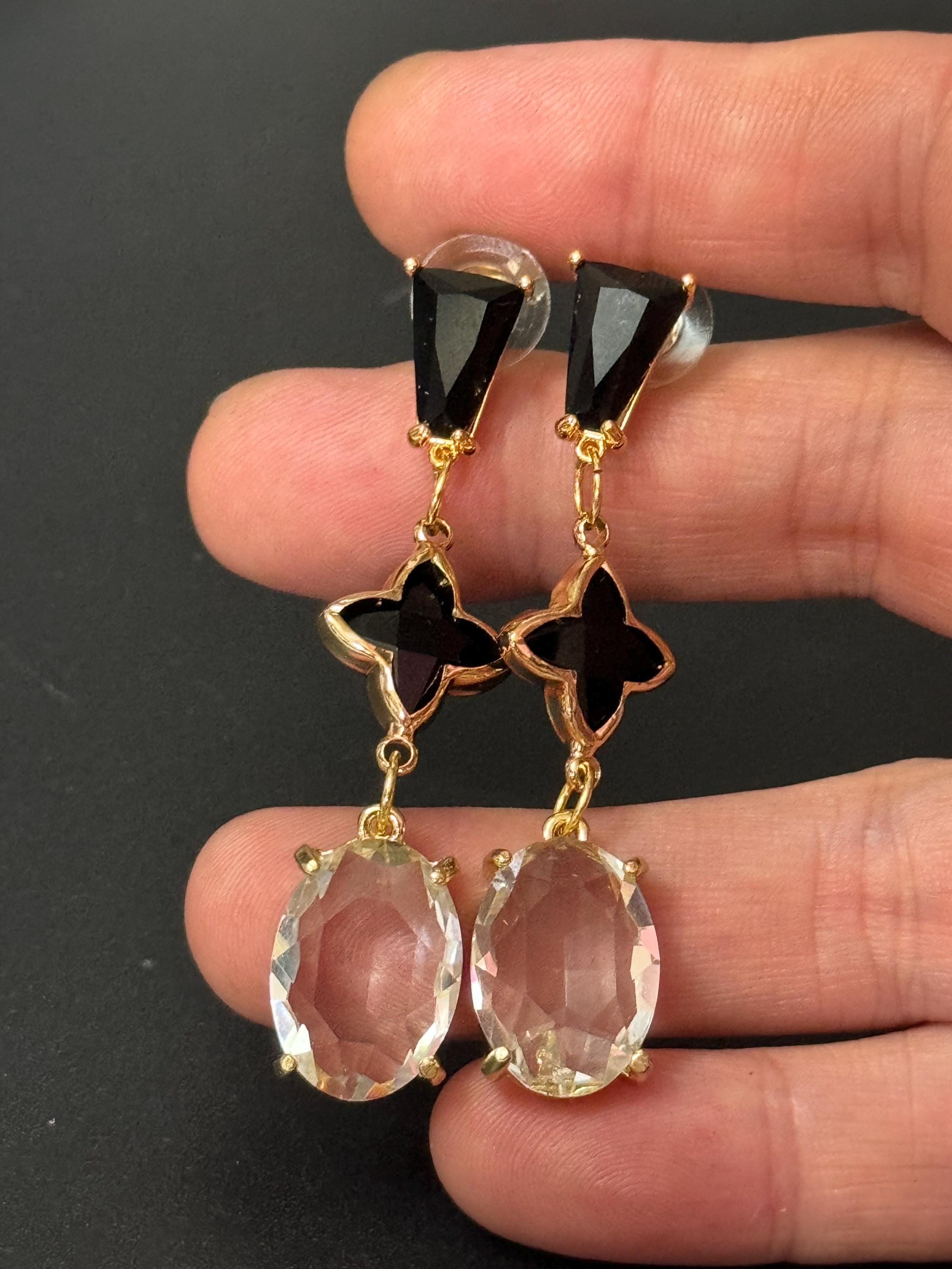 18k Gold plated clear and black crystal clover teardrop earrings