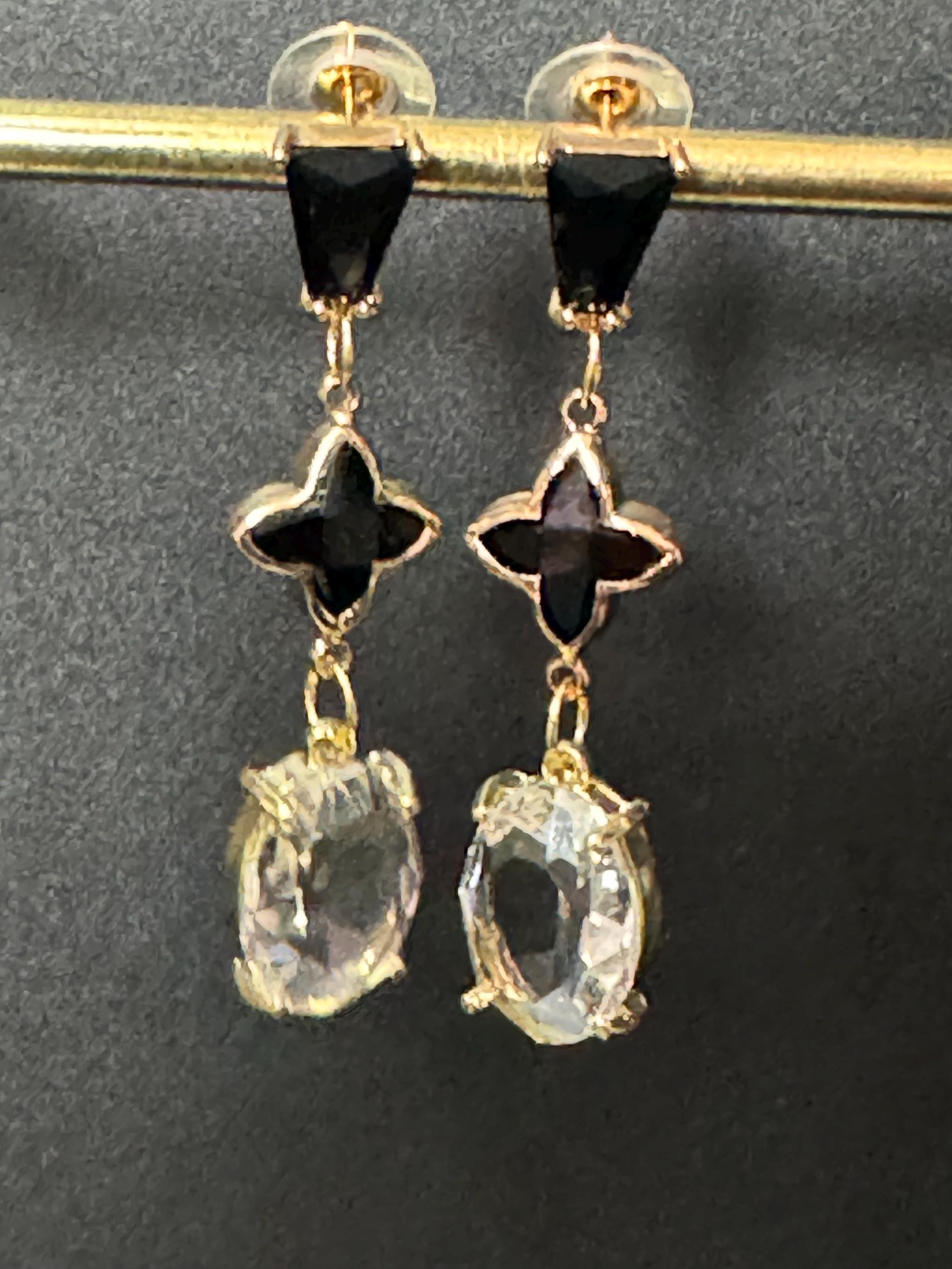 18k Gold plated clear and black crystal clover teardrop earrings