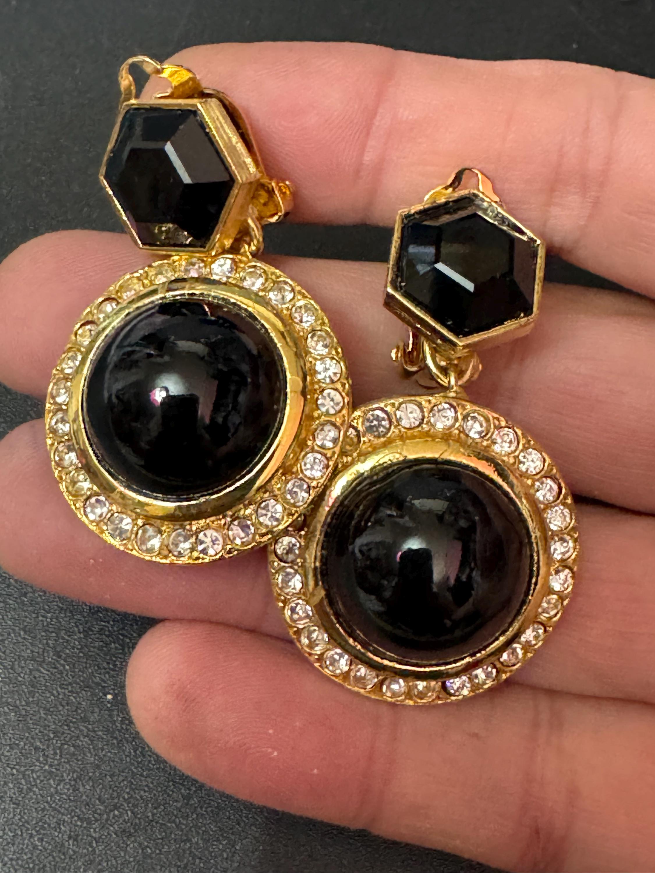 vintage oversized gold tone clear and black Austrian cabochon and hexagon Swarovski crystal dangly earrings 1980s old shop stock