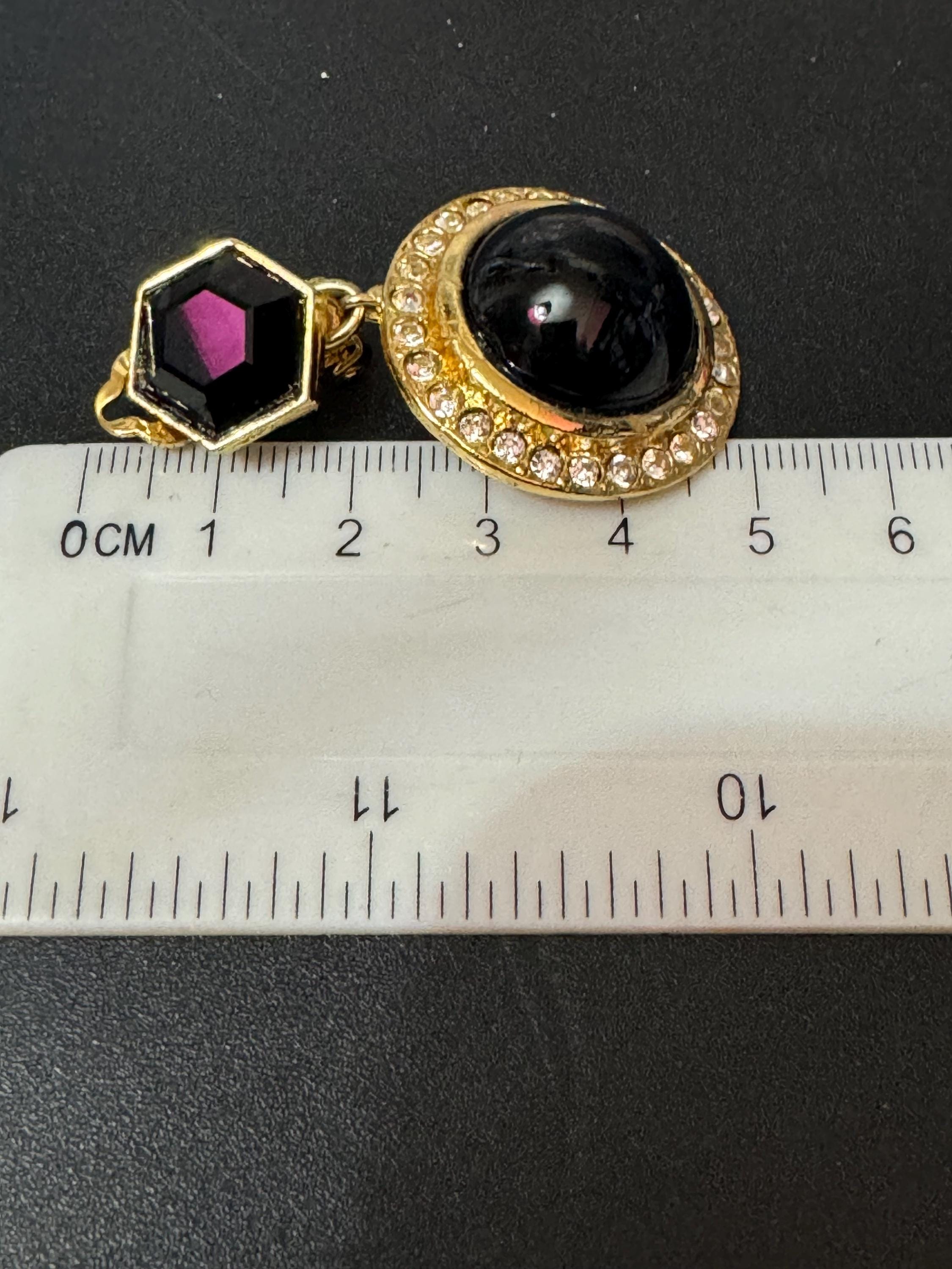 vintage oversized gold tone clear and black Austrian cabochon and hexagon Swarovski crystal dangly earrings 1980s old shop stock
