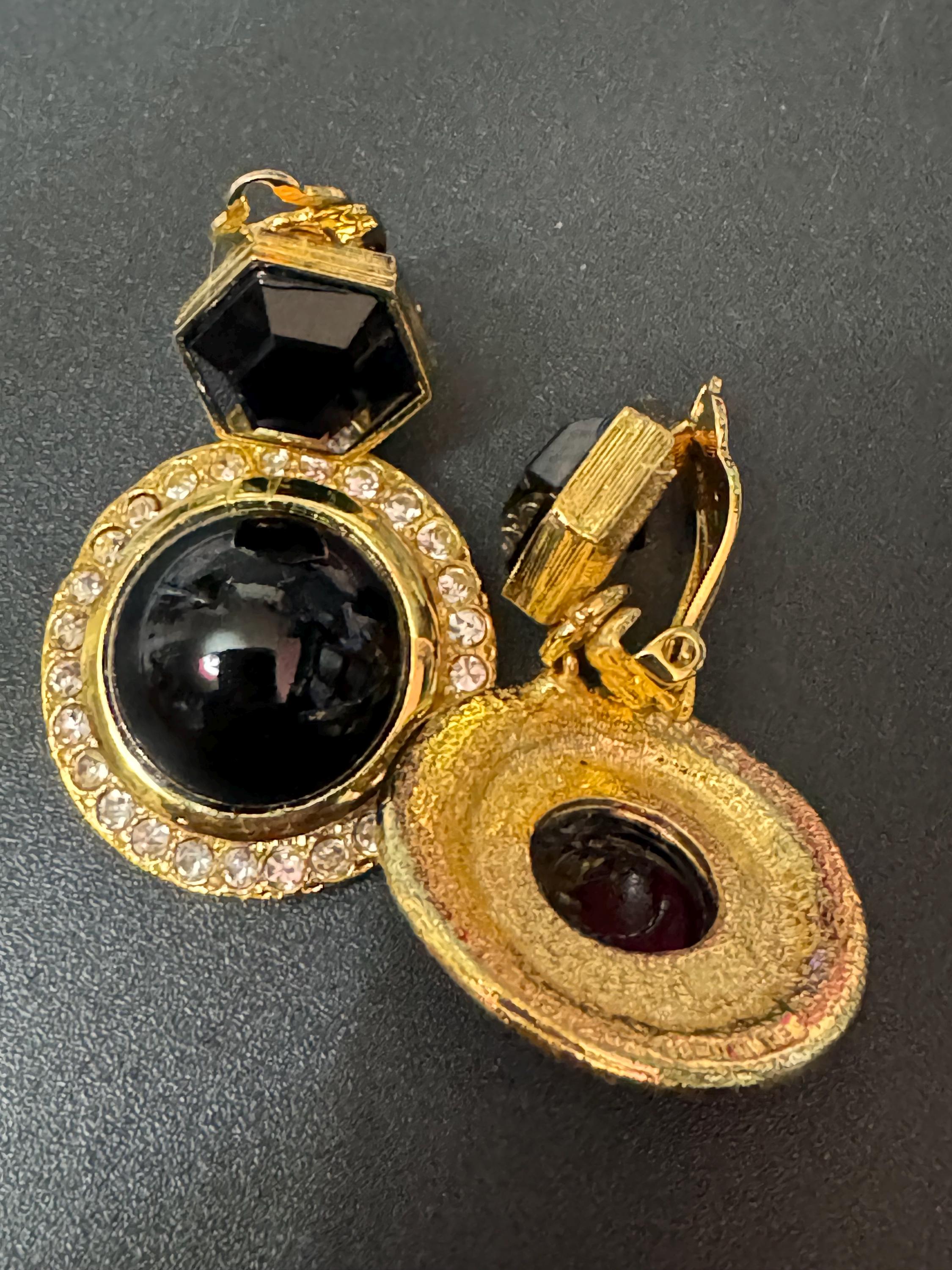 vintage oversized gold tone clear and black Austrian cabochon and hexagon Swarovski crystal dangly earrings 1980s old shop stock