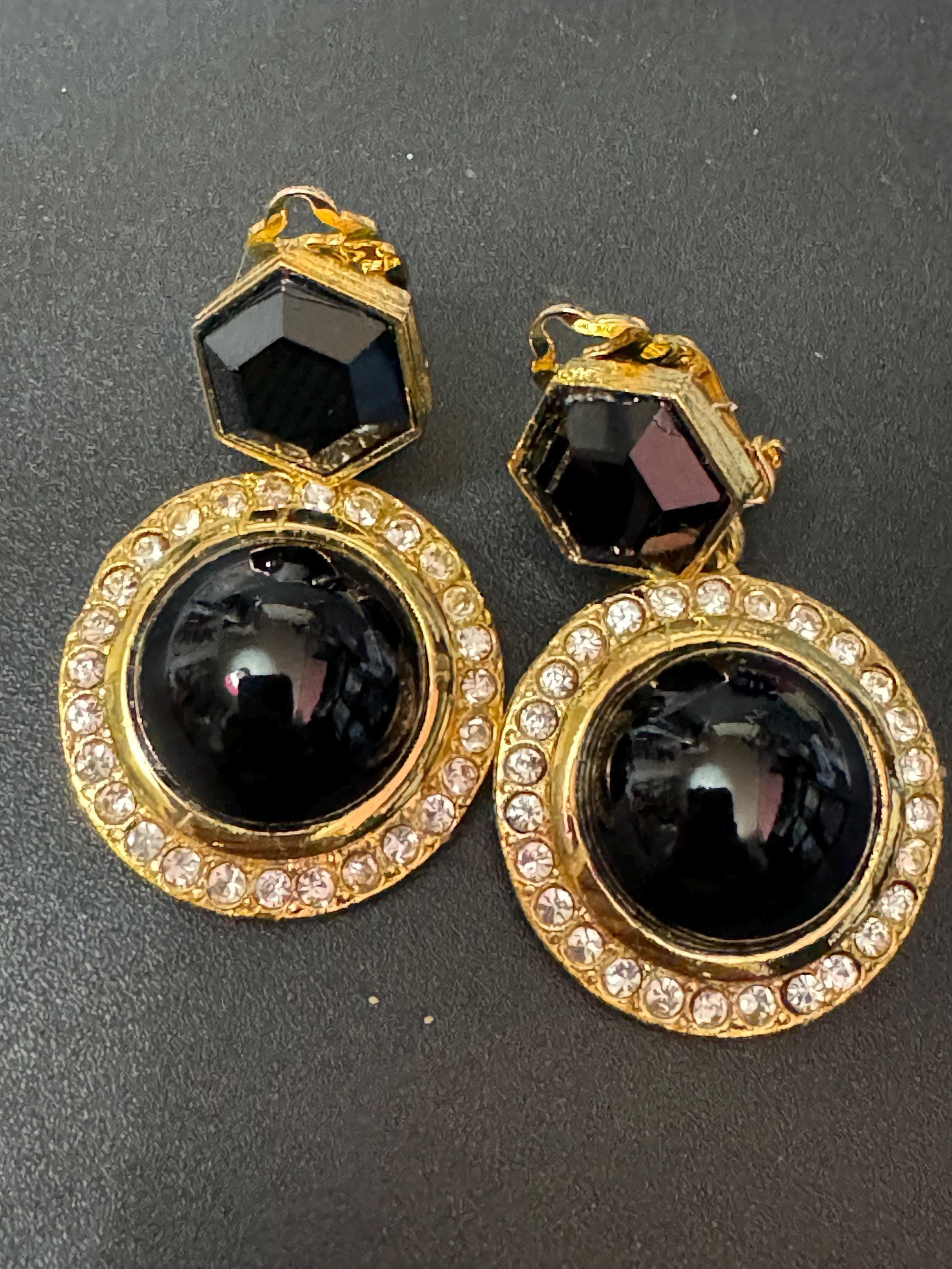 vintage oversized gold tone clear and black Austrian cabochon and hexagon Swarovski crystal dangly earrings 1980s old shop stock
