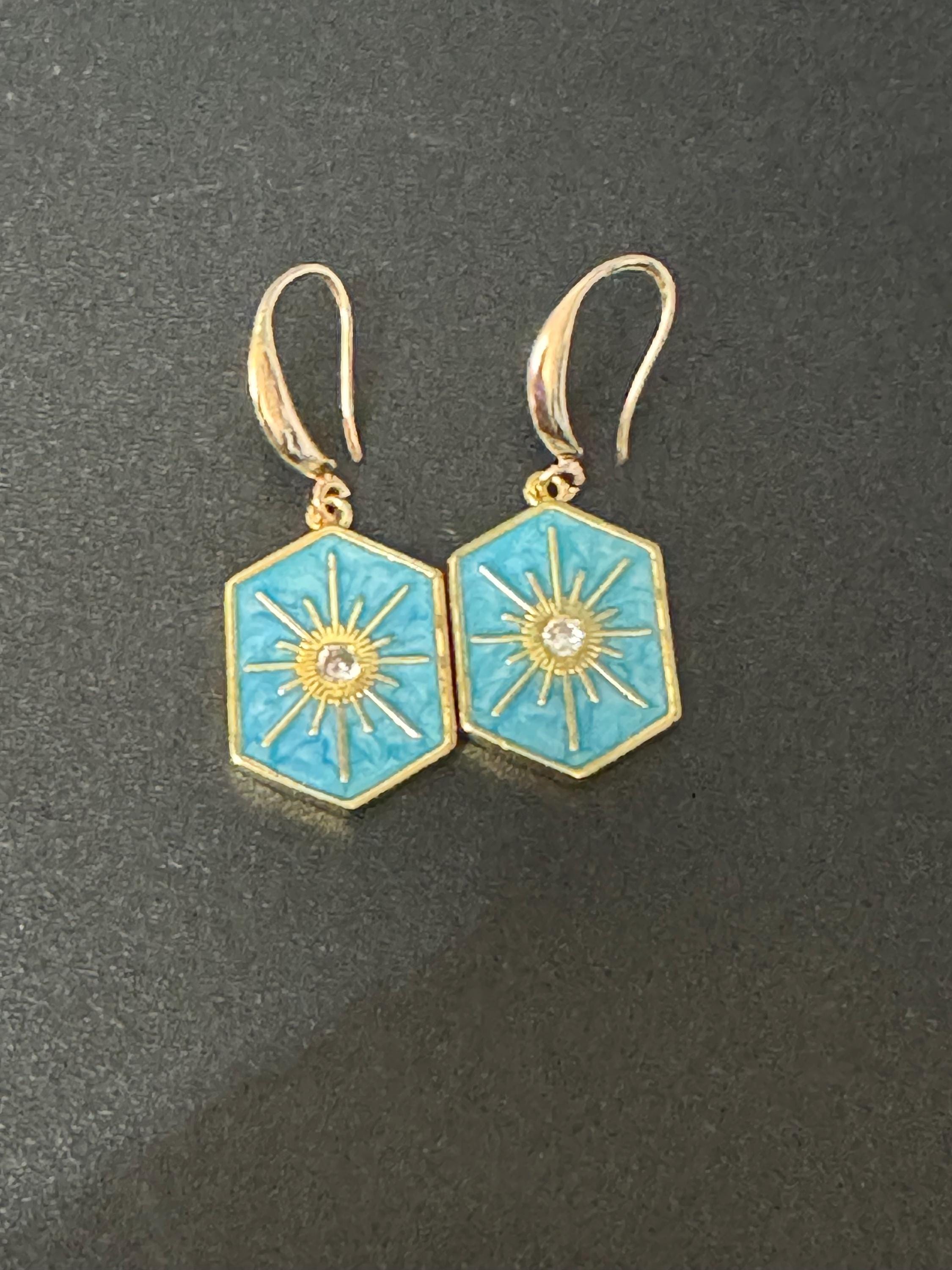 18k gold plated turquoise blue enamel Victorian octagonal star charm panel earrings