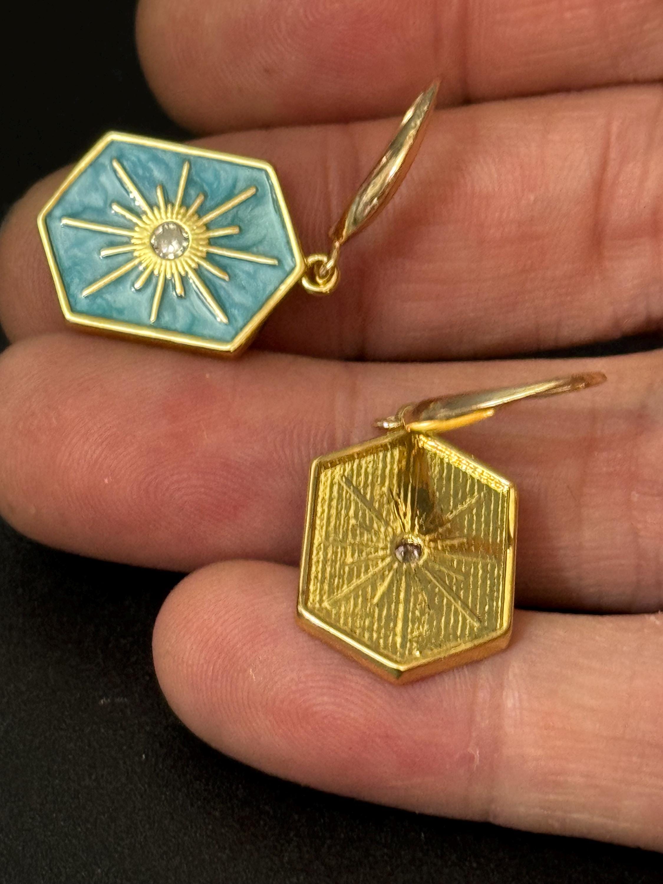 18k gold plated turquoise blue enamel Victorian octagonal star charm panel earrings