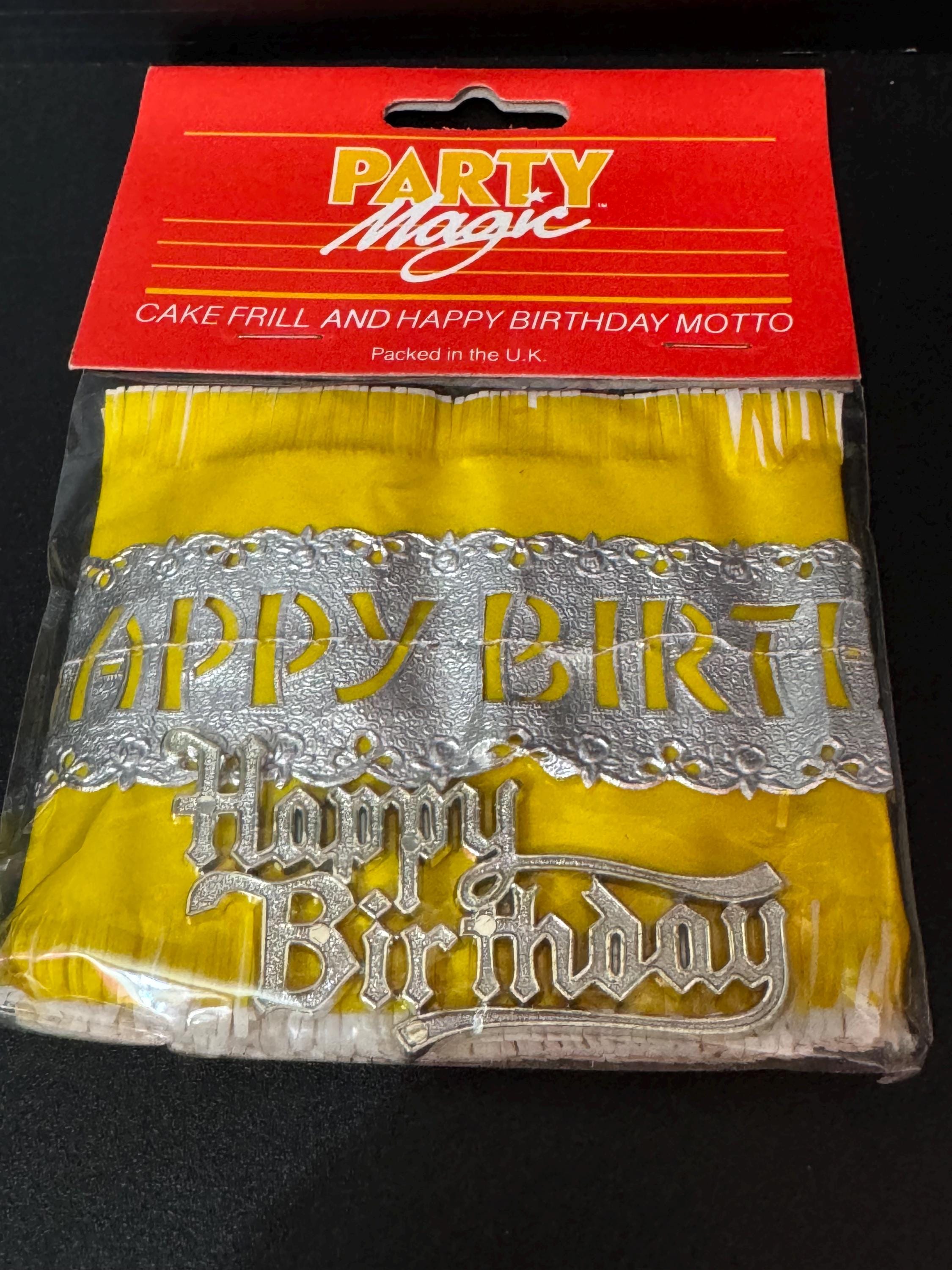 yellow silver tissue paper cake frill ribbon band and silver HAPPY BIRTHDAY cake topper vintage
