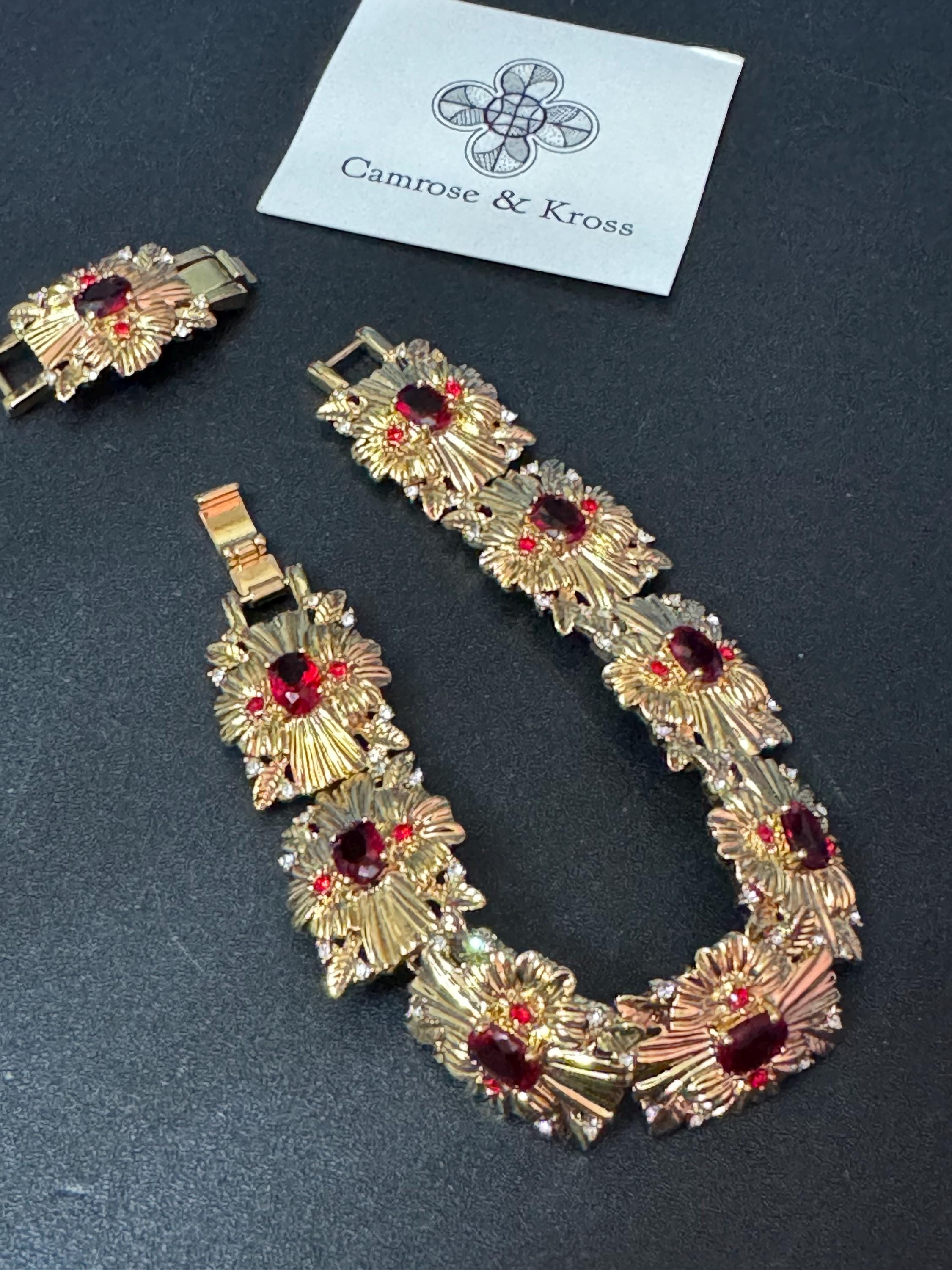 camrose and Kross signed JBK Jaqueline Kennedy vintage gold tone ruby red diamanté wide panel bracelet