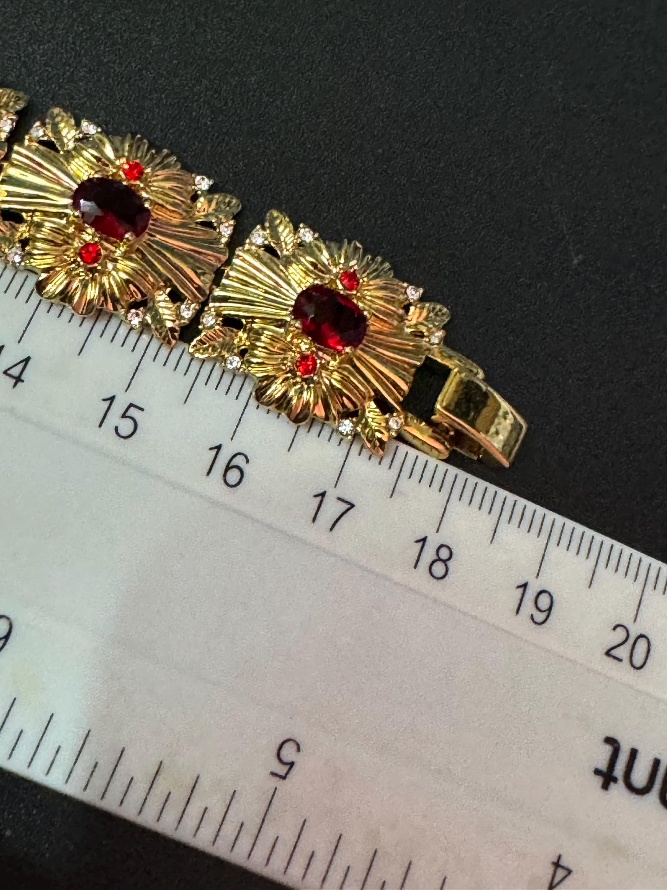 camrose and Kross signed JBK Jaqueline Kennedy vintage gold tone ruby red diamanté wide panel bracelet