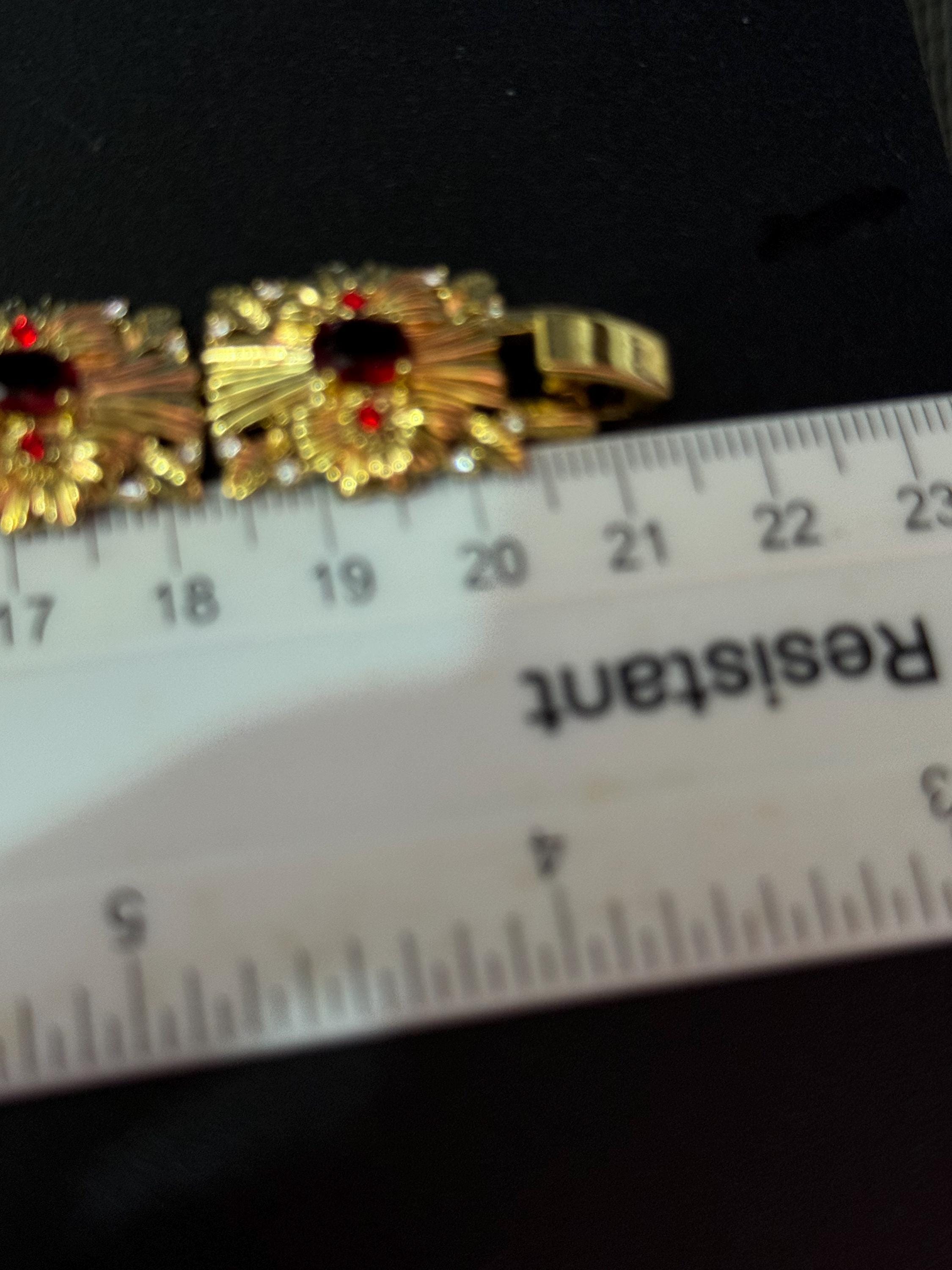 camrose and Kross signed JBK Jaqueline Kennedy vintage gold tone ruby red diamanté wide panel bracelet