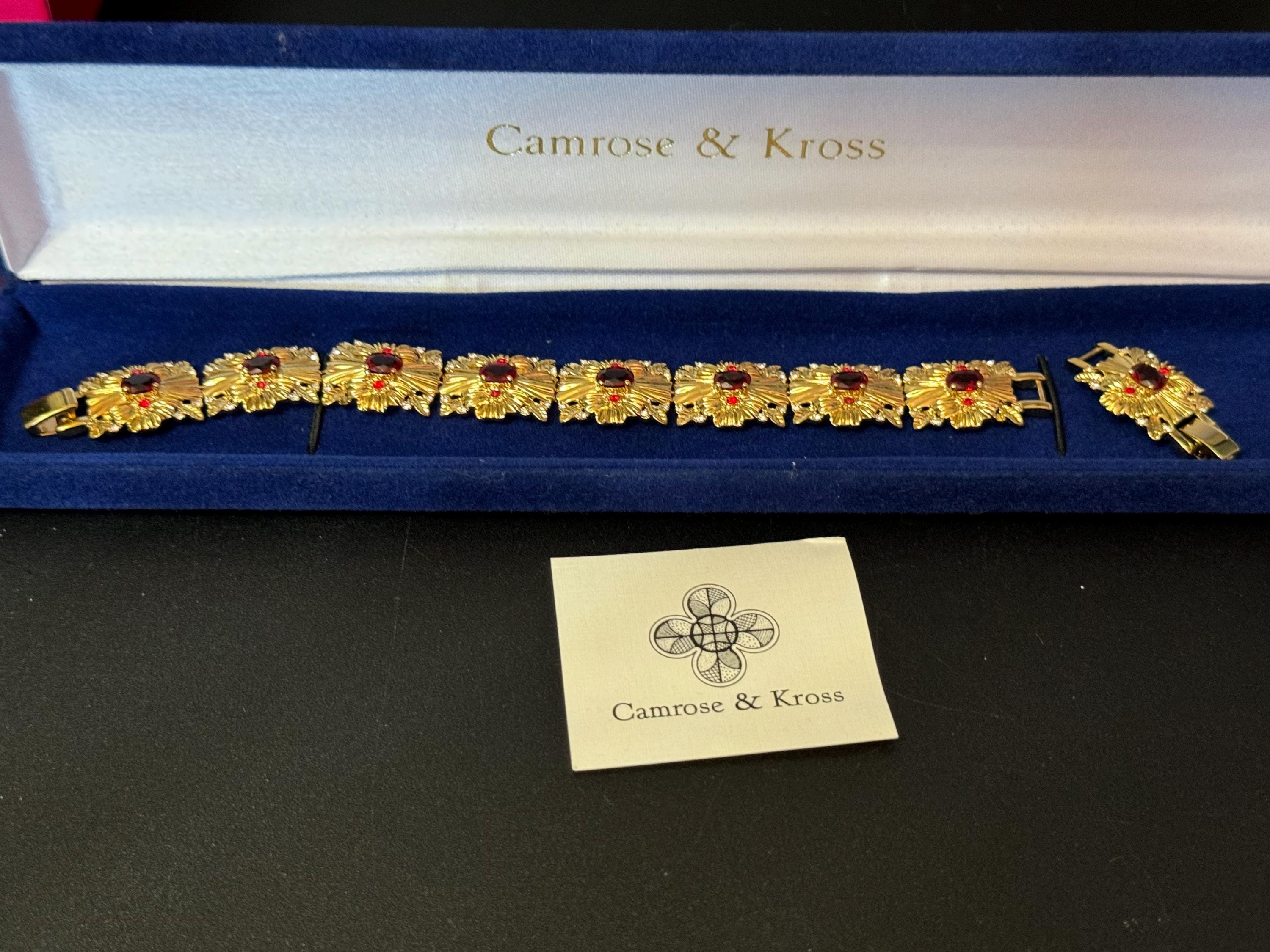 camrose and Kross signed JBK Jaqueline Kennedy vintage gold tone ruby red diamanté wide panel bracelet