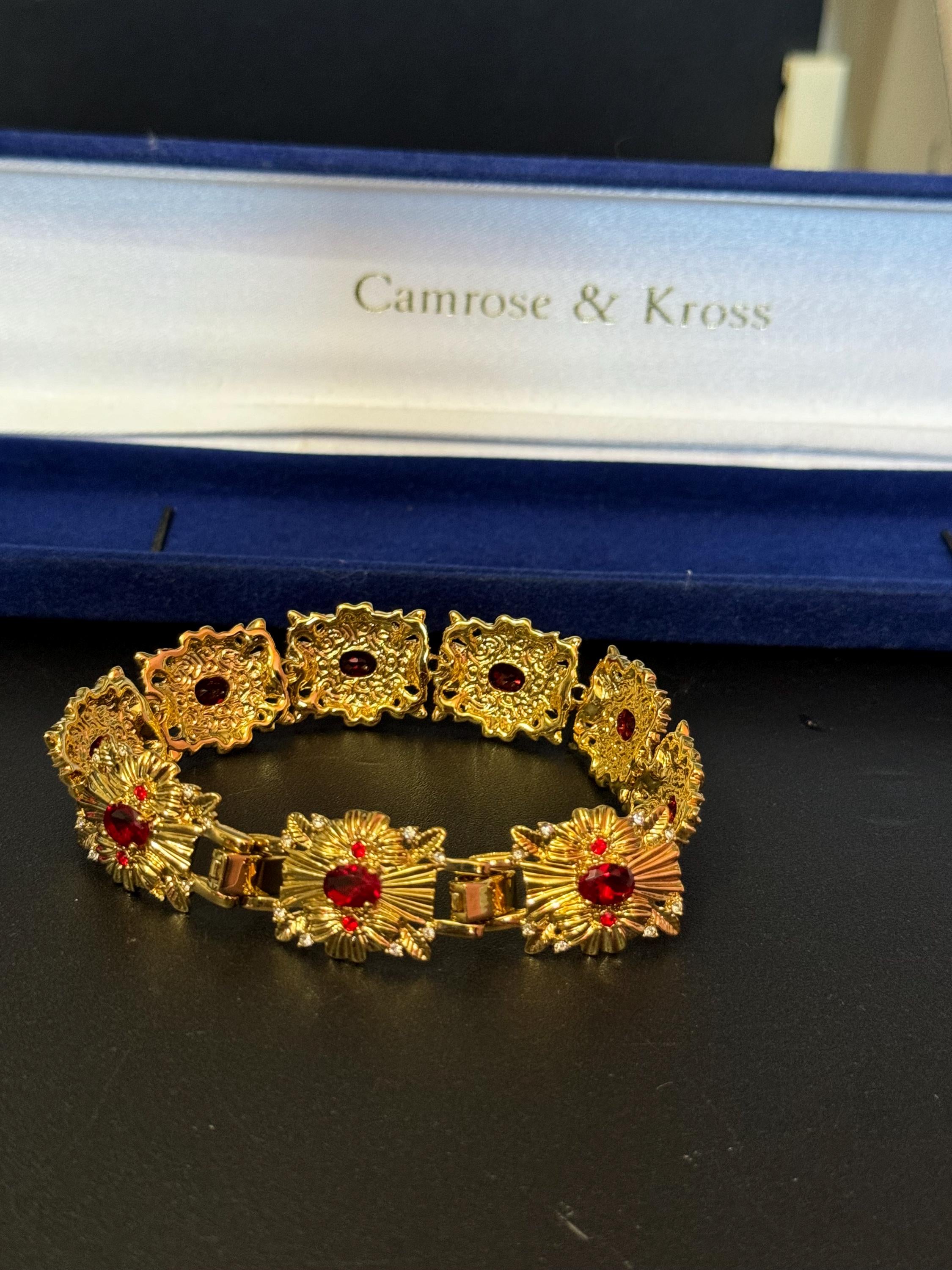 camrose and Kross signed JBK Jaqueline Kennedy vintage gold tone ruby red diamanté wide panel bracelet