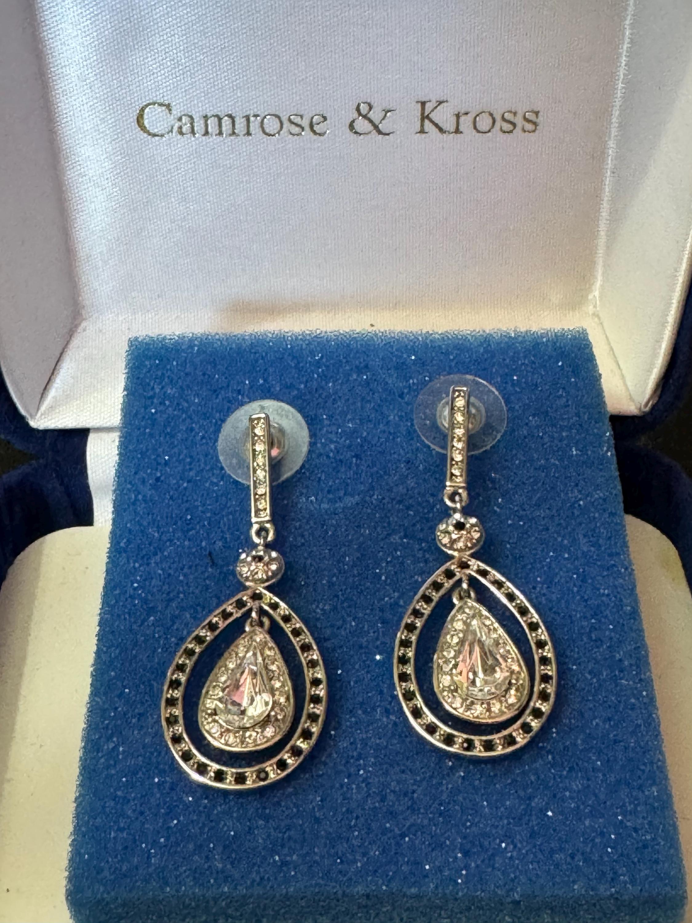Vintage signed JBK camrose and Kross designer silver rhinestone open work dangly teardrop earrings for pierced ears 5cm