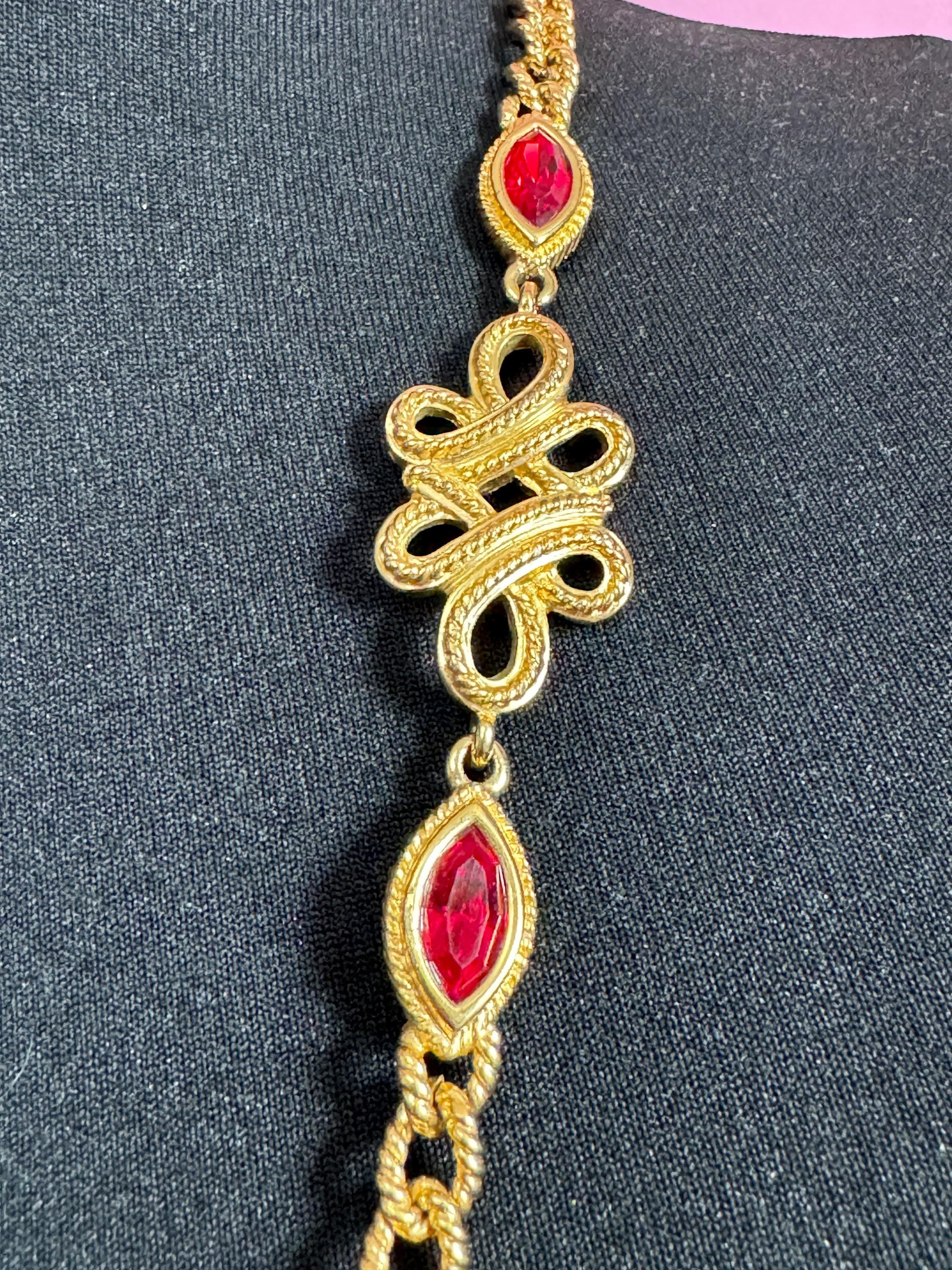 Signed Swarovski gold tone ruby red crystal diamanté designer long layering necklace 80cm
