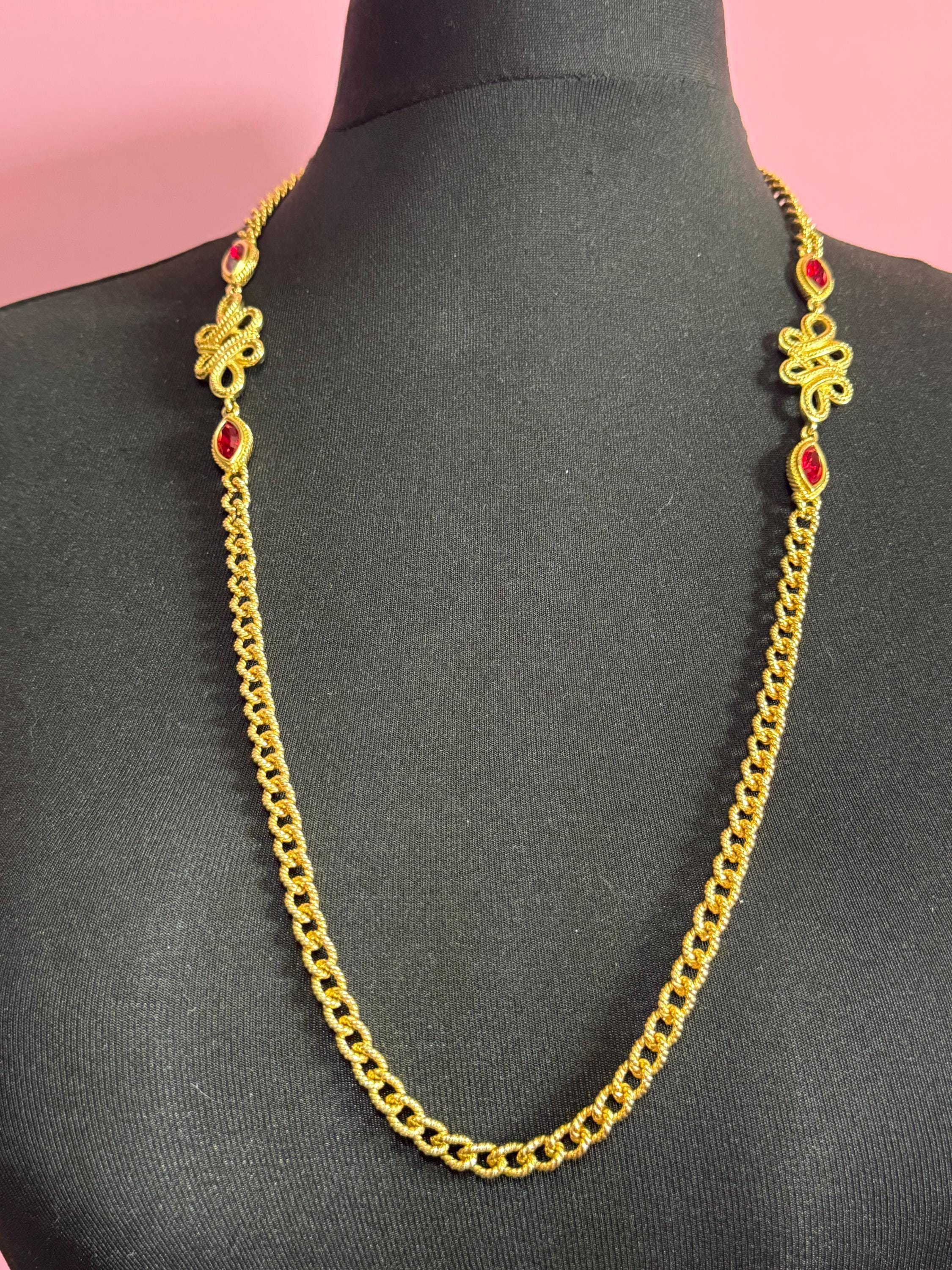 Signed Swarovski gold tone ruby red crystal diamanté designer long layering necklace 80cm