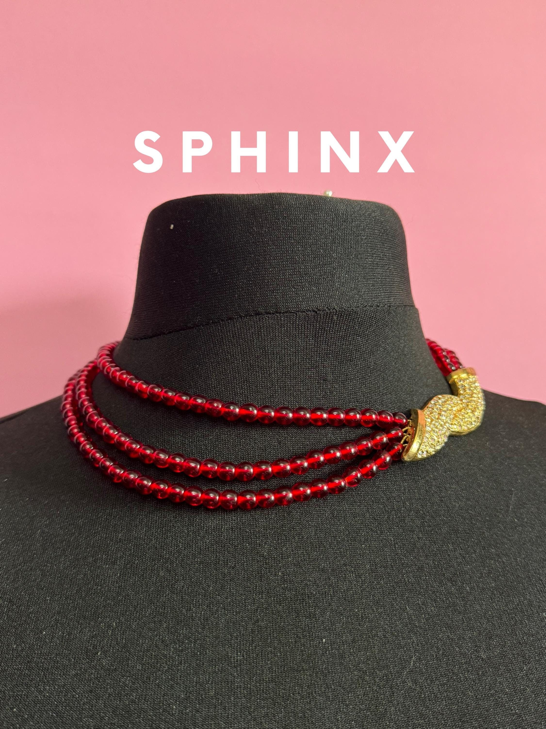 Signed Sphinx red glass beaded gold tone diamanté Multistrand collar necklace clear crystals