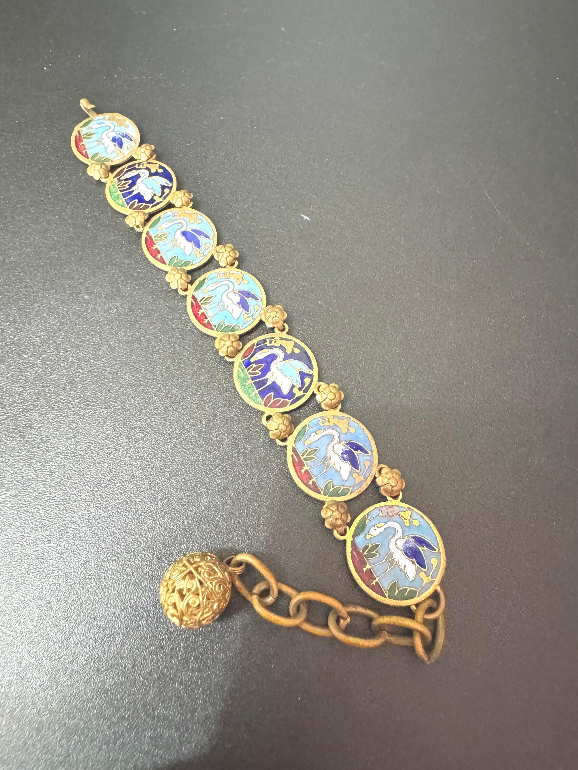 Czech filigree Japanese crane bird brass metal panel link enamel bracelet 1940s