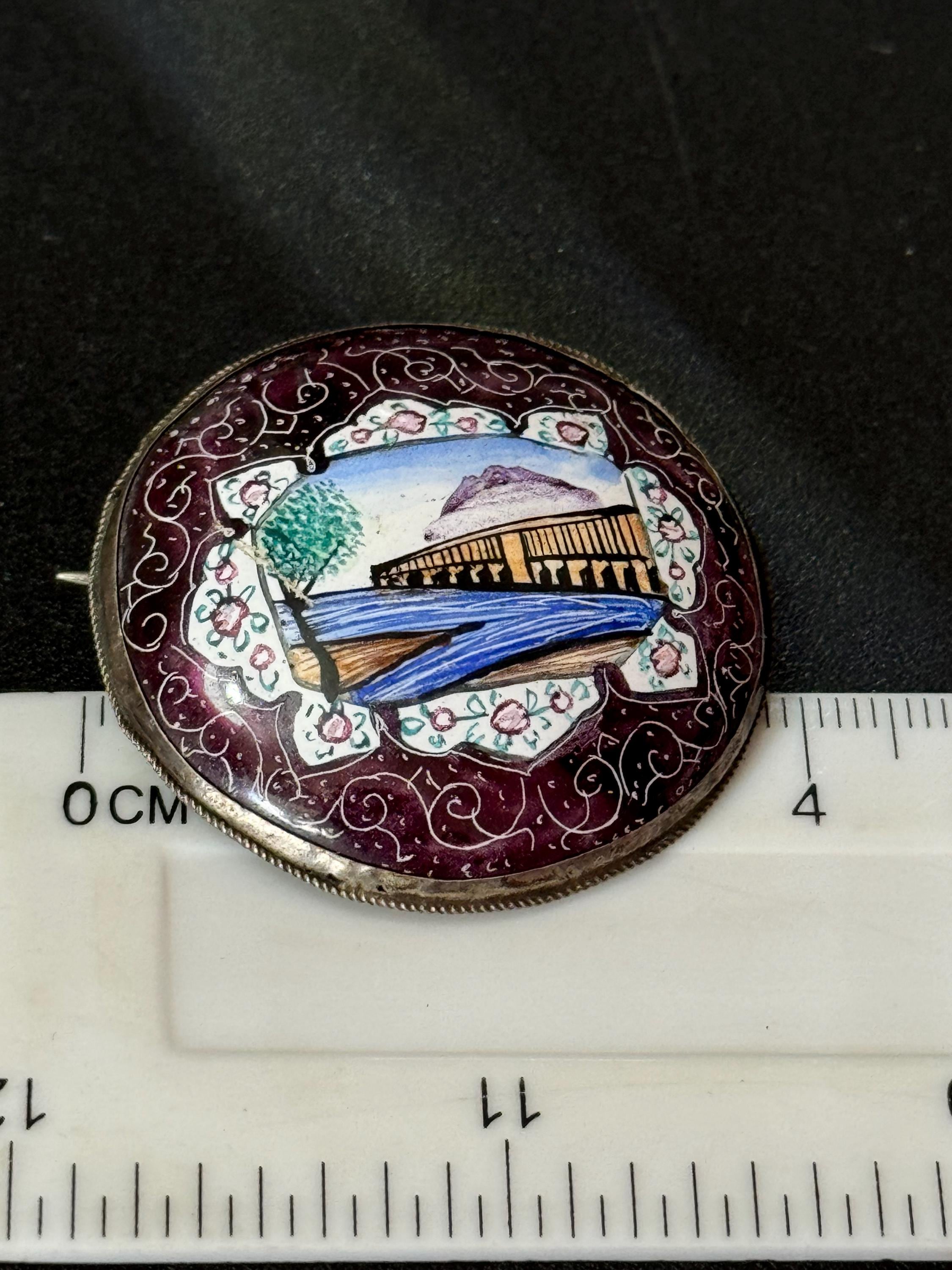 Antique Hand Painted enamel Eastern story teller Brooch Vintage white metal Arabian