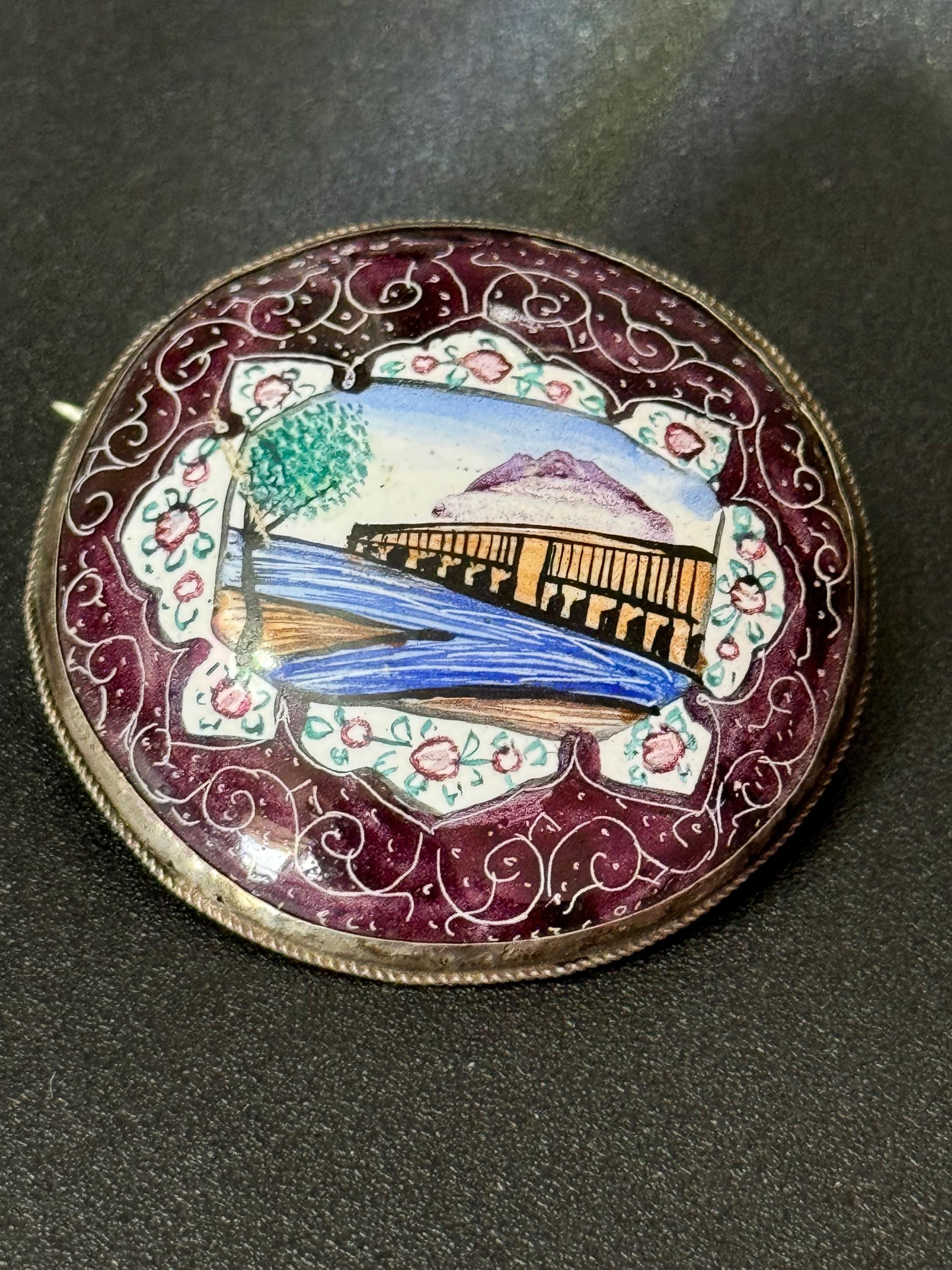 Antique Hand Painted enamel Eastern story teller Brooch Vintage white metal Arabian