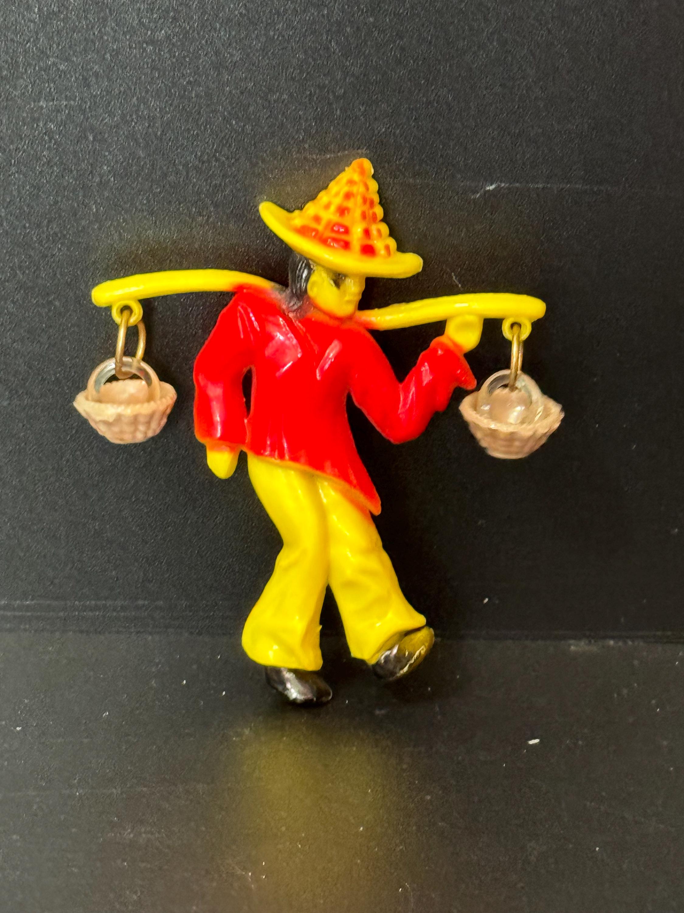 Oversized Vintage Red yellow early plastic China man Chinese baskets 8cm brooch 1960s