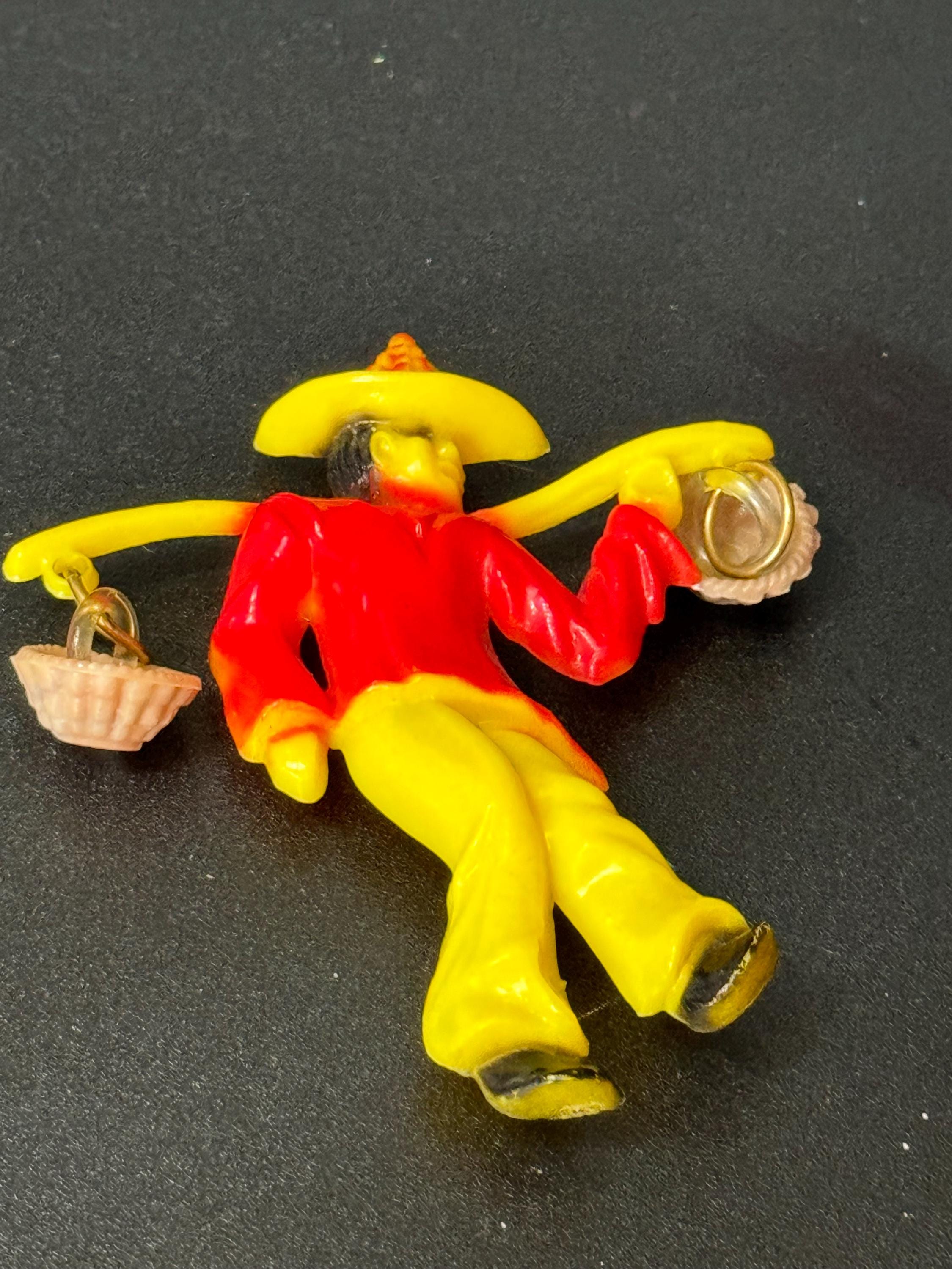 Oversized Vintage Red yellow early plastic China man Chinese baskets 8cm brooch 1960s