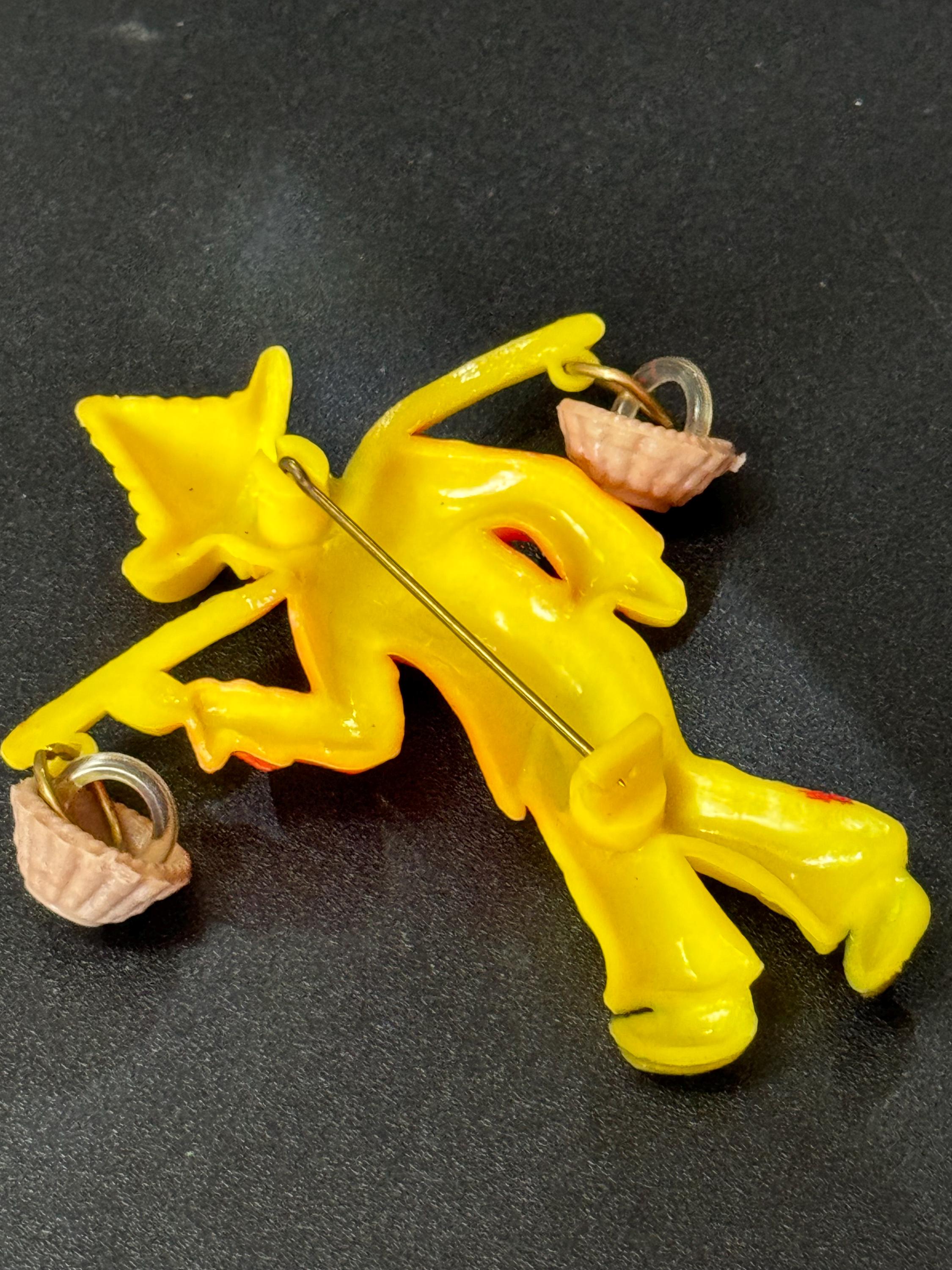 Oversized Vintage Red yellow early plastic China man Chinese baskets 8cm brooch 1960s