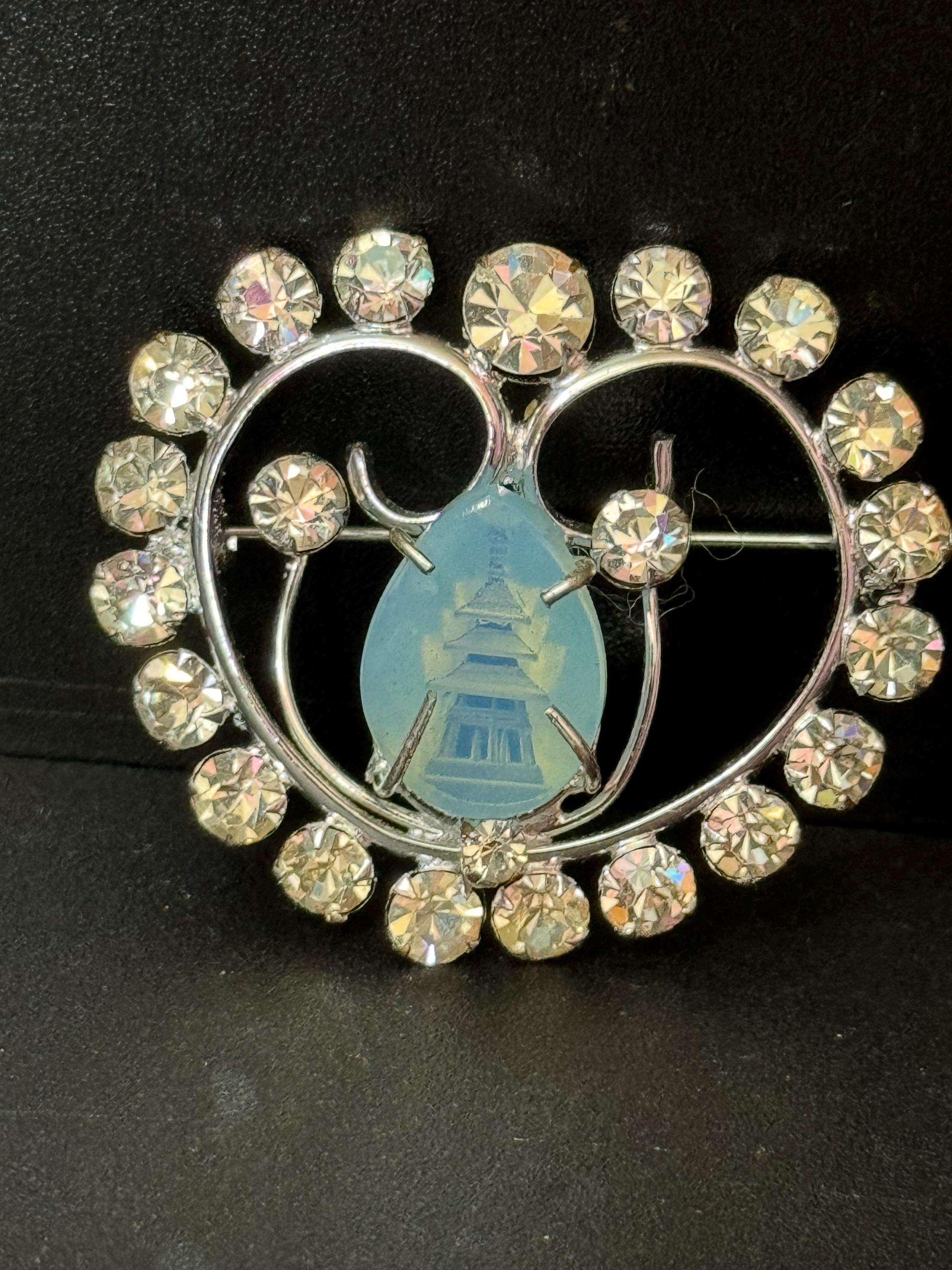 Vintage Chinese Pagoda Brooch, Reverse Carved Glass & Diamanté