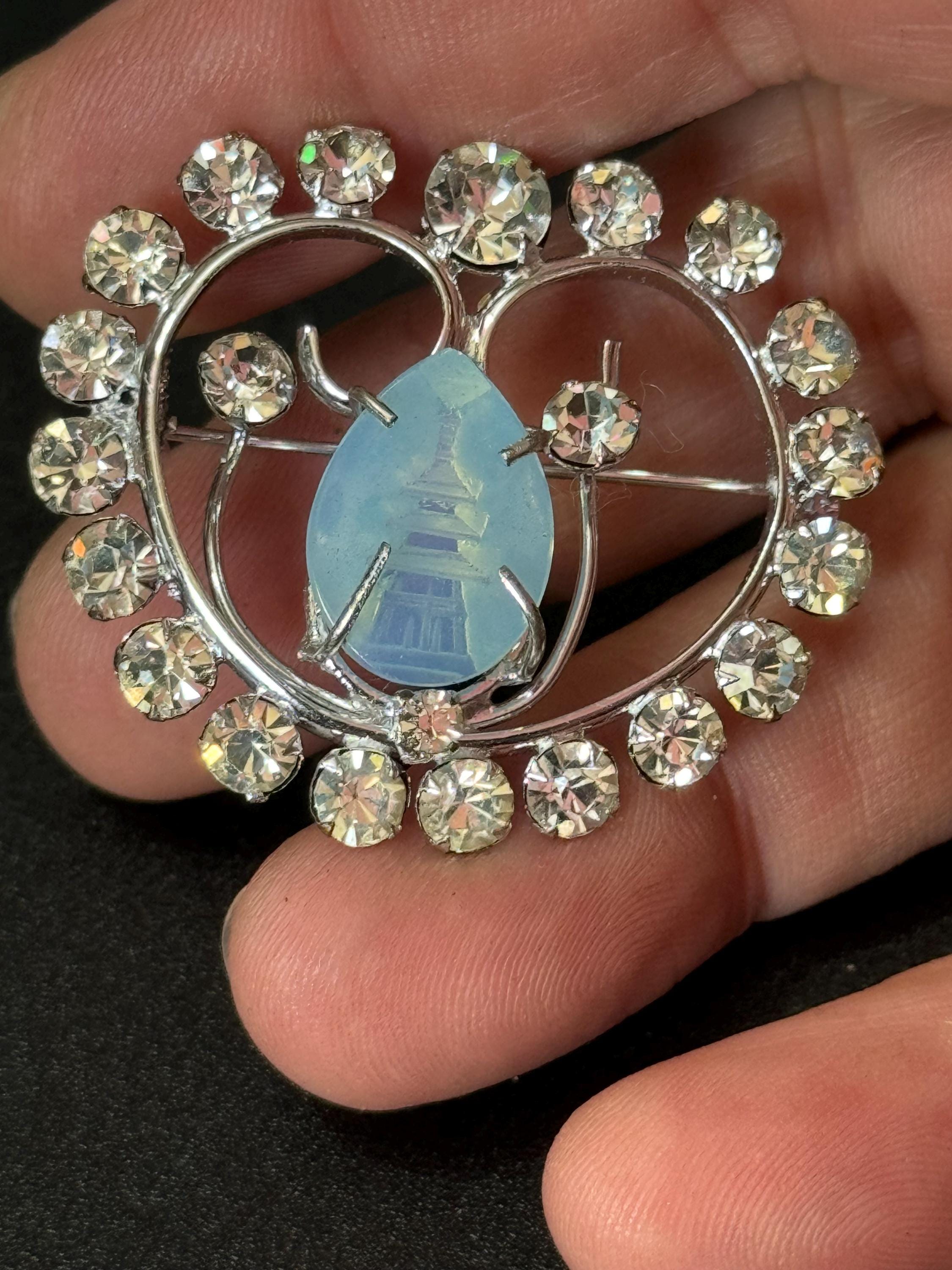 Vintage Chinese Pagoda Brooch, Reverse Carved Glass & Diamanté