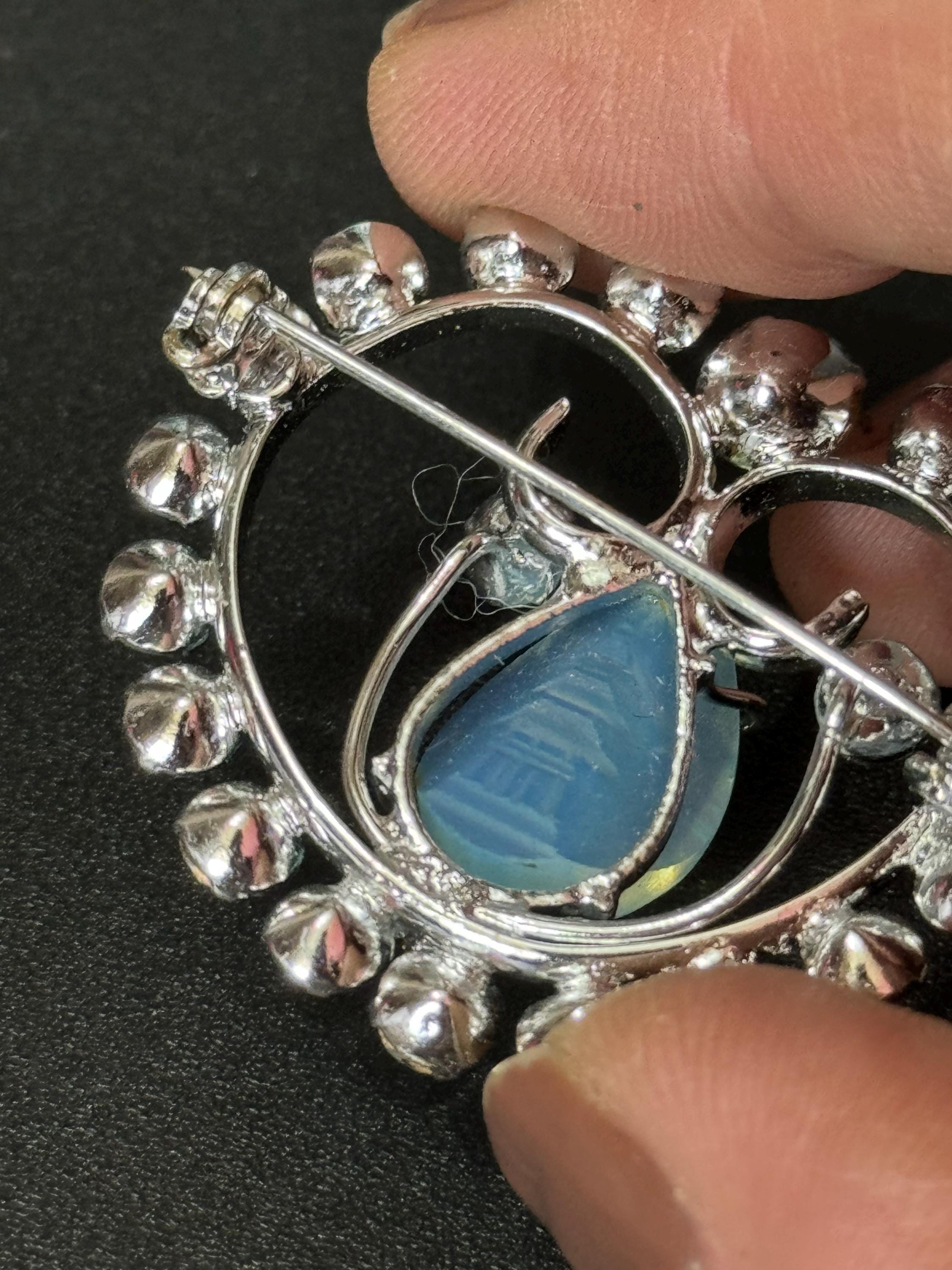 Vintage Chinese Pagoda Brooch, Reverse Carved Glass & Diamanté