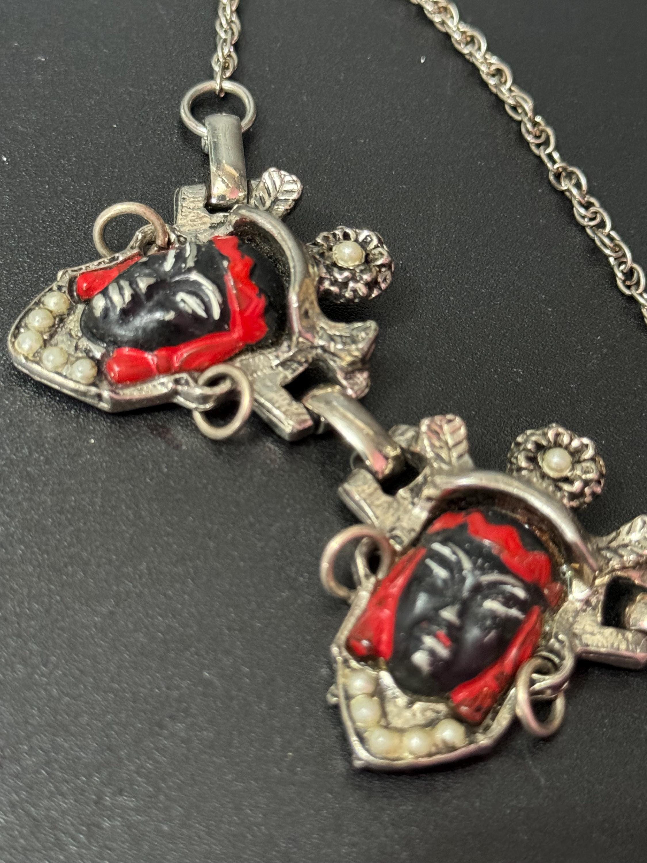 Vintage selro selini black Asian prince panel link enamel oriental necklace