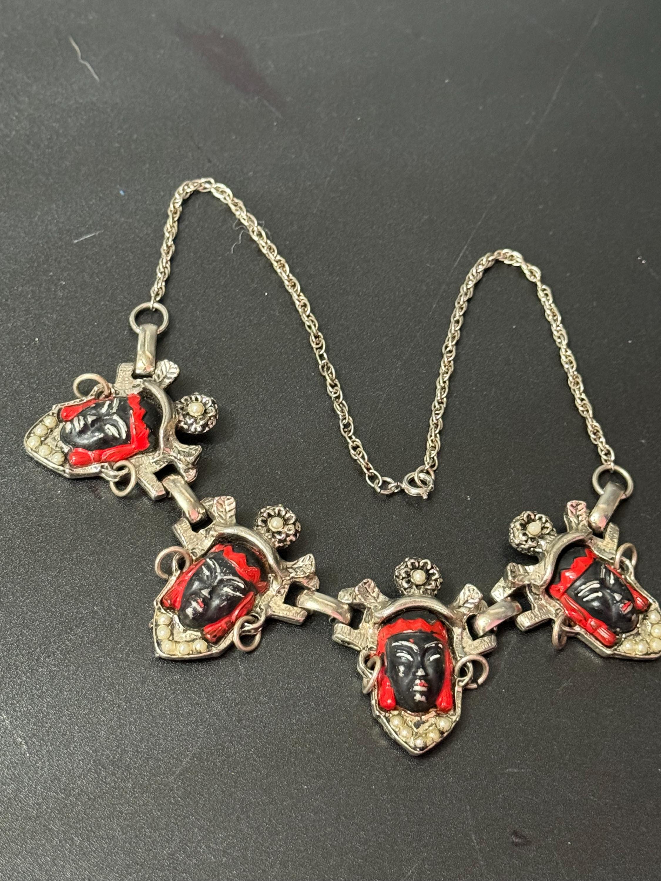 Vintage selro selini black Asian prince panel link enamel oriental necklace