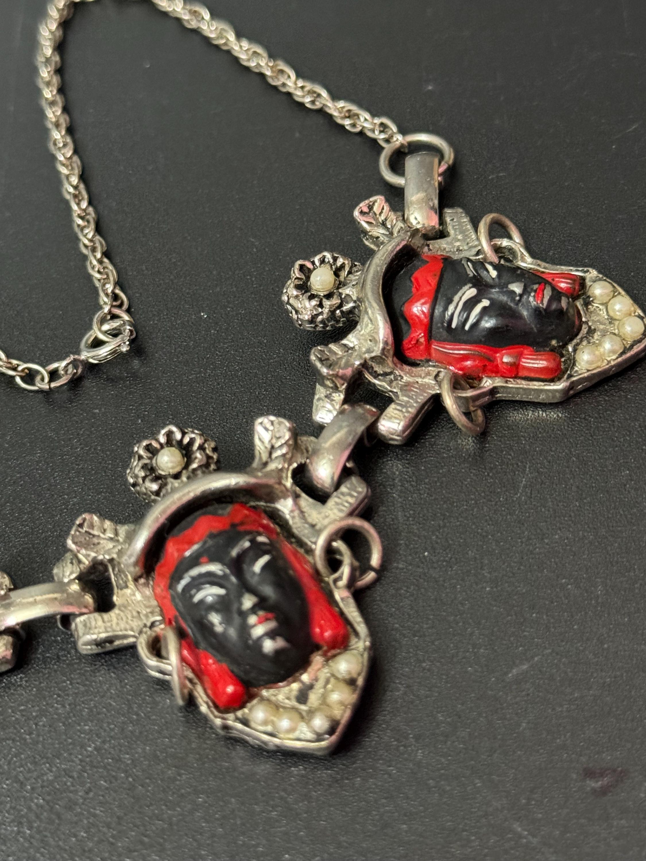 Vintage selro selini black Asian prince panel link enamel oriental necklace