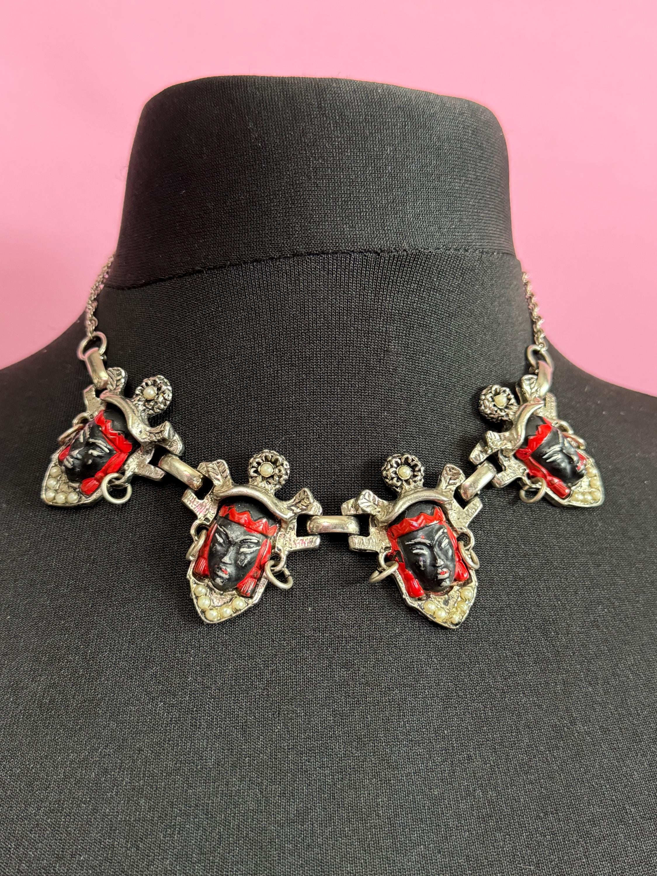 Vintage selro selini black Asian prince panel link enamel oriental necklace