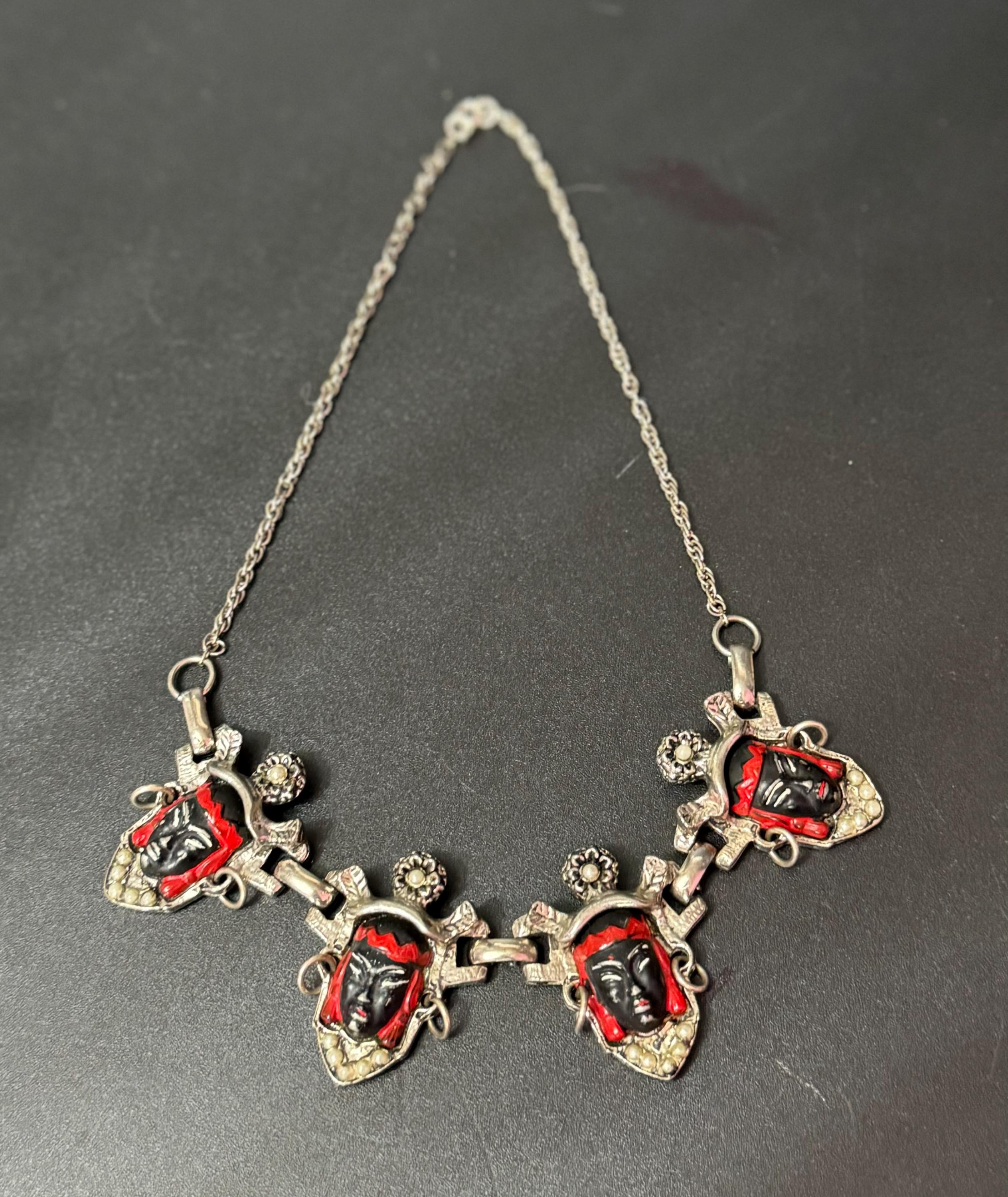 Vintage selro selini black Asian prince panel link enamel oriental necklace