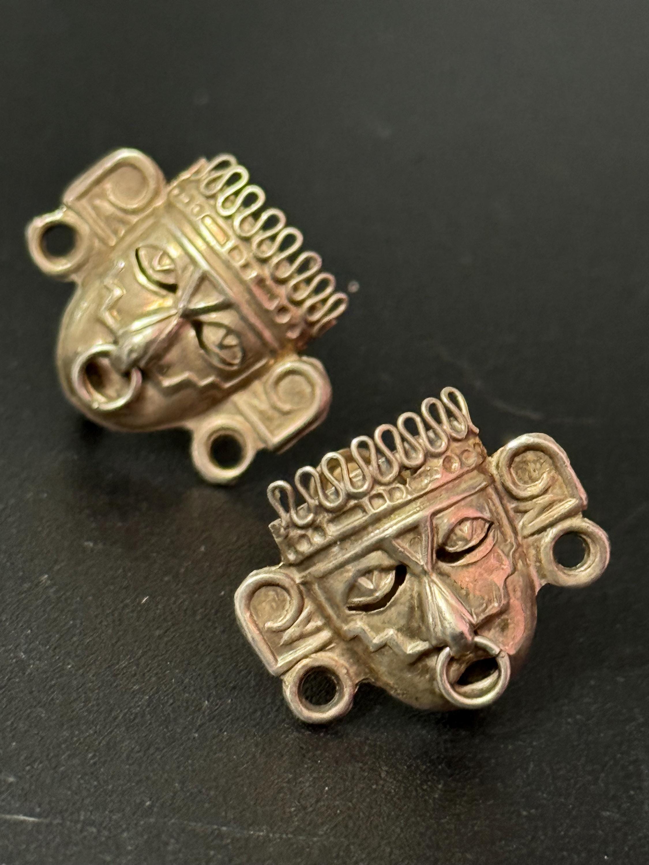 Vintage MPB Mexico silver Mayan Aztec tribal face clip on screw back earrings signed biano