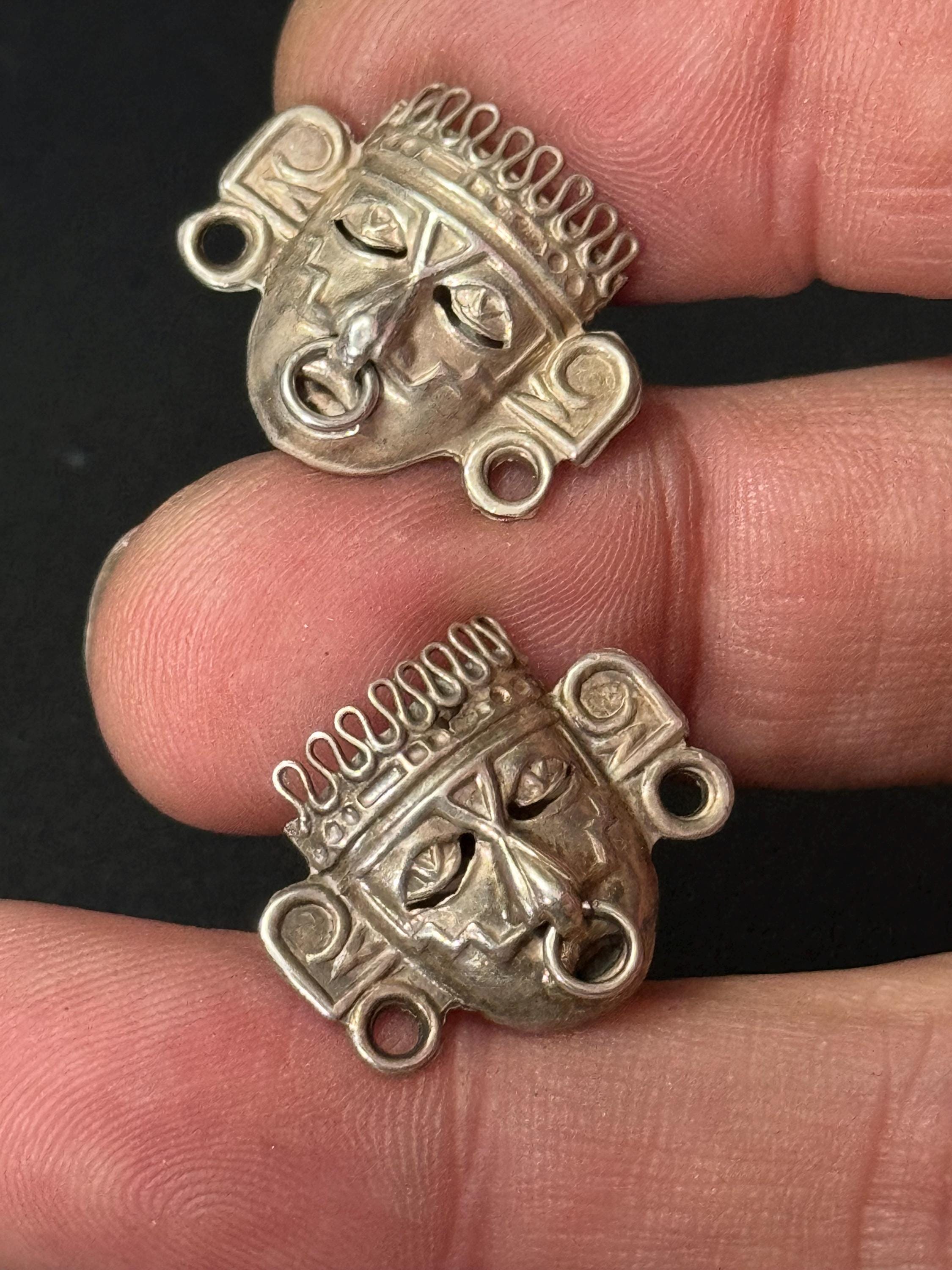 Vintage MPB Mexico silver Mayan Aztec tribal face clip on screw back earrings signed biano