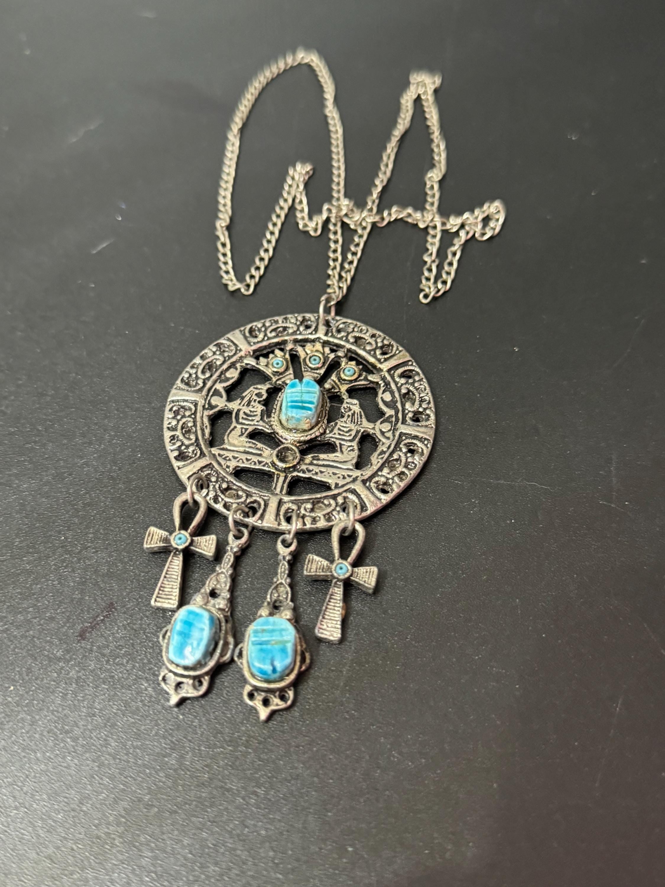 Art Deco Egyptian Revival turquoise scarab beetle Silver Tone metal pendant necklace