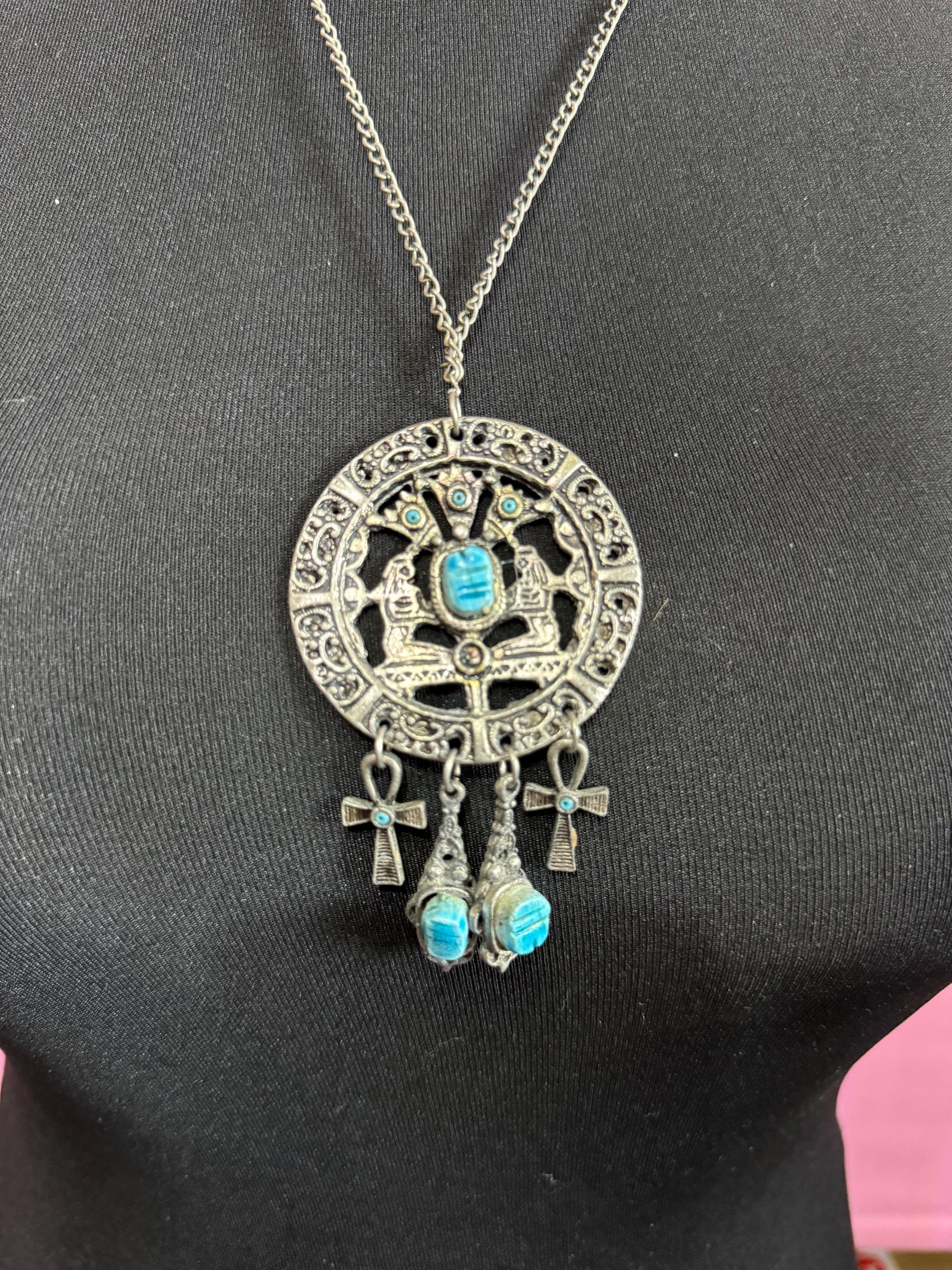 Art Deco Egyptian Revival turquoise scarab beetle Silver Tone metal pendant necklace