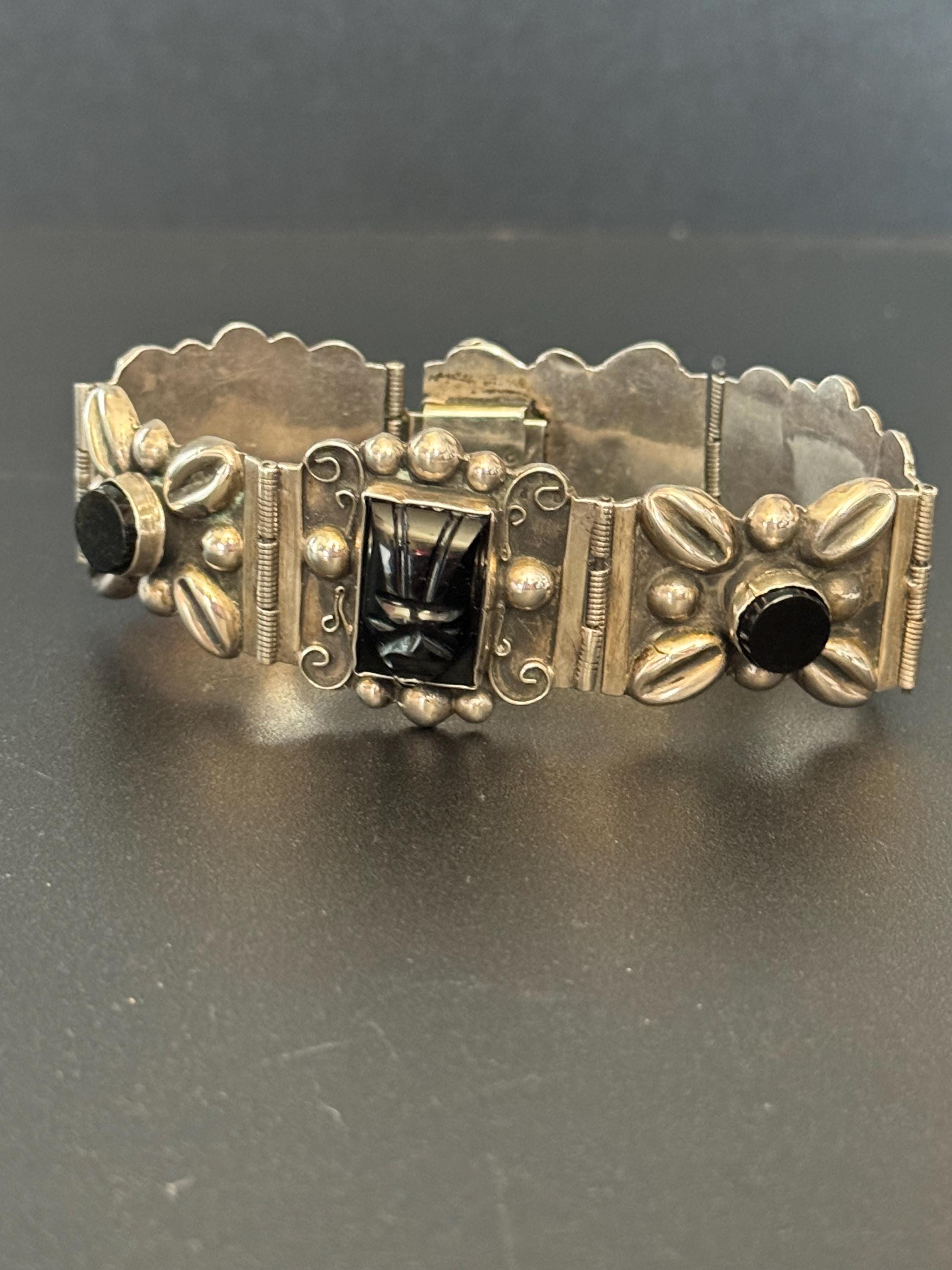 Marbel style Mayan carved onyx glass panel link bracelet Vintage 925 silver Mexican 19.5cm
