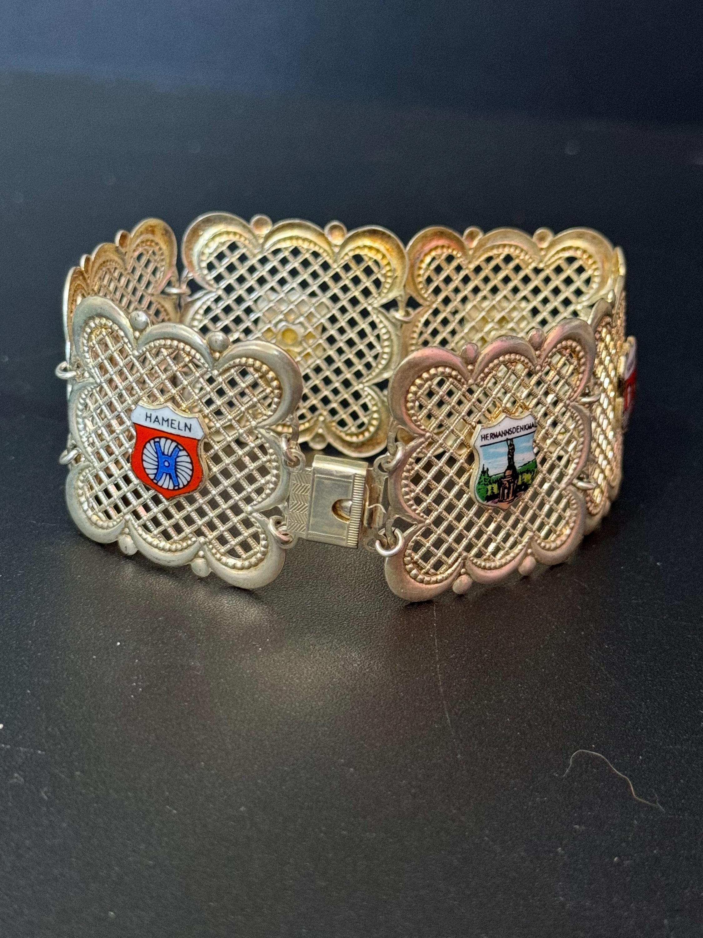 Berlin German Vintage Silver Tone filigree  Panel Link Bracelet Souvenir Germany